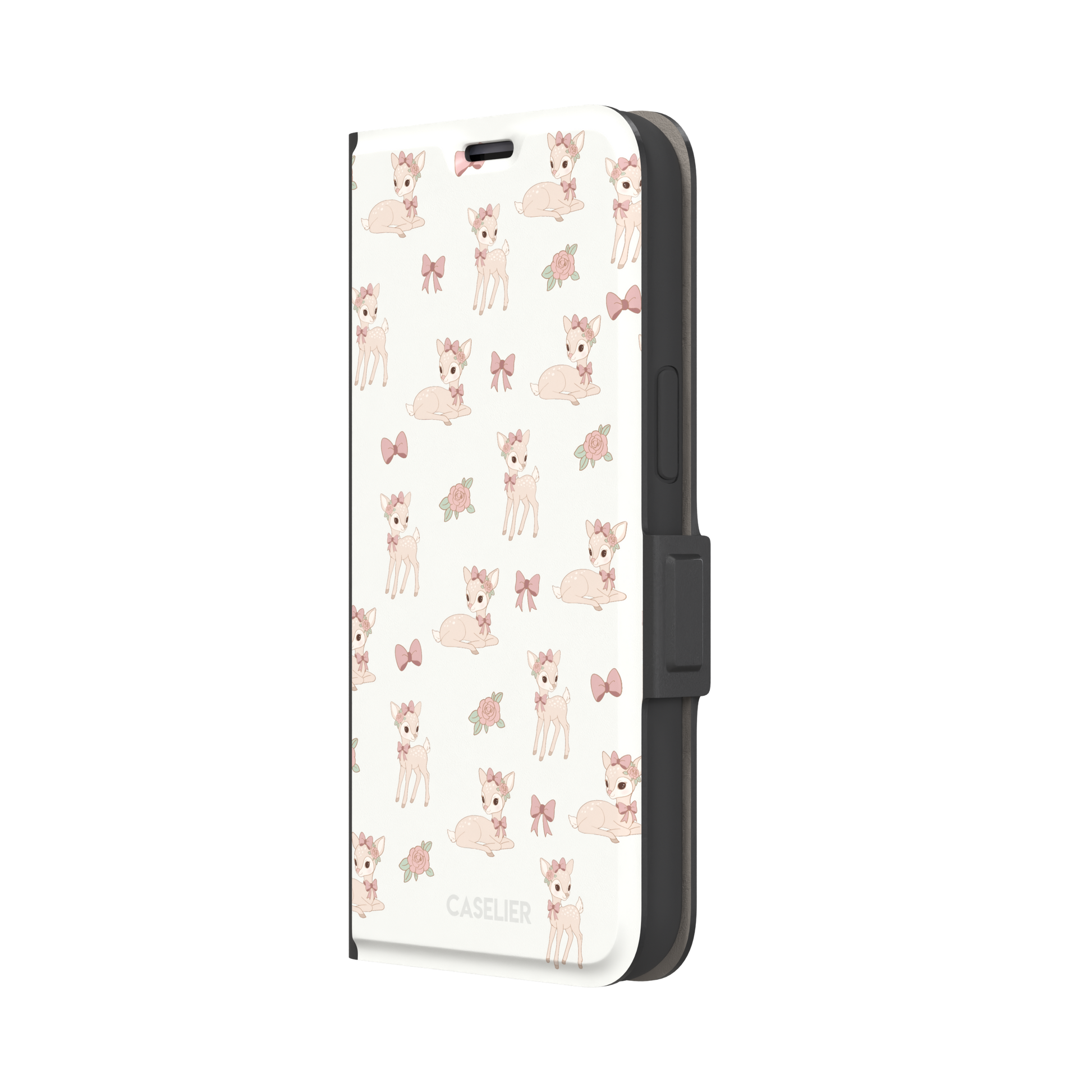 White phone case featuring a repeat pattern of illustrated fawns with pink bows and roses in a soft coquette style, phone case by Caselier — wallet case, right view