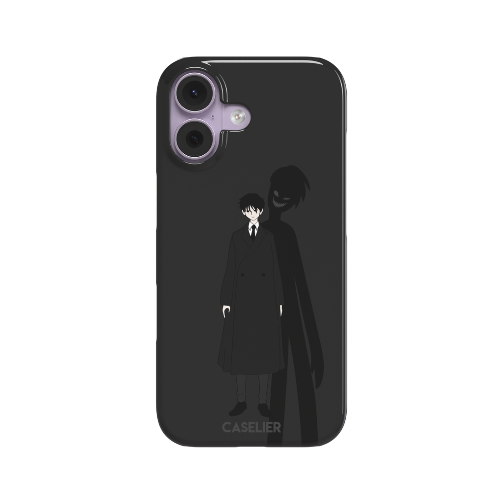 Dark anime boy in black coat with grinning demon shadow silhouette on charcoal background phone case by Caselier — snap case, front view
