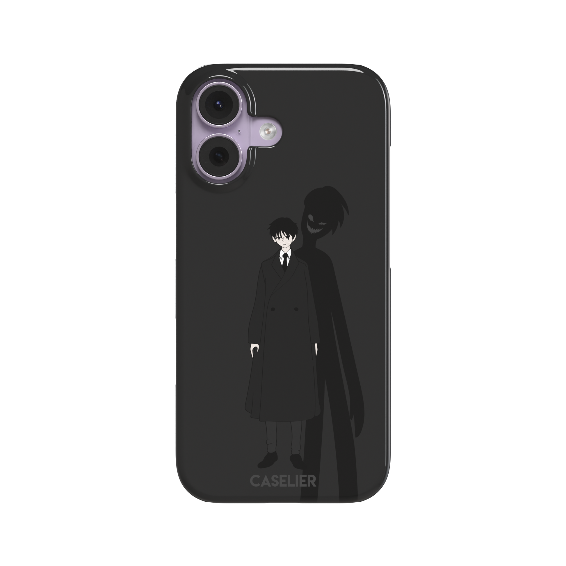 Dark anime boy in black coat with grinning demon shadow silhouette on charcoal background phone case by Caselier — snap case, front view