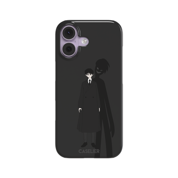 Dark anime boy in black coat with grinning demon shadow silhouette on charcoal background phone case by Caselier — snap case, front view