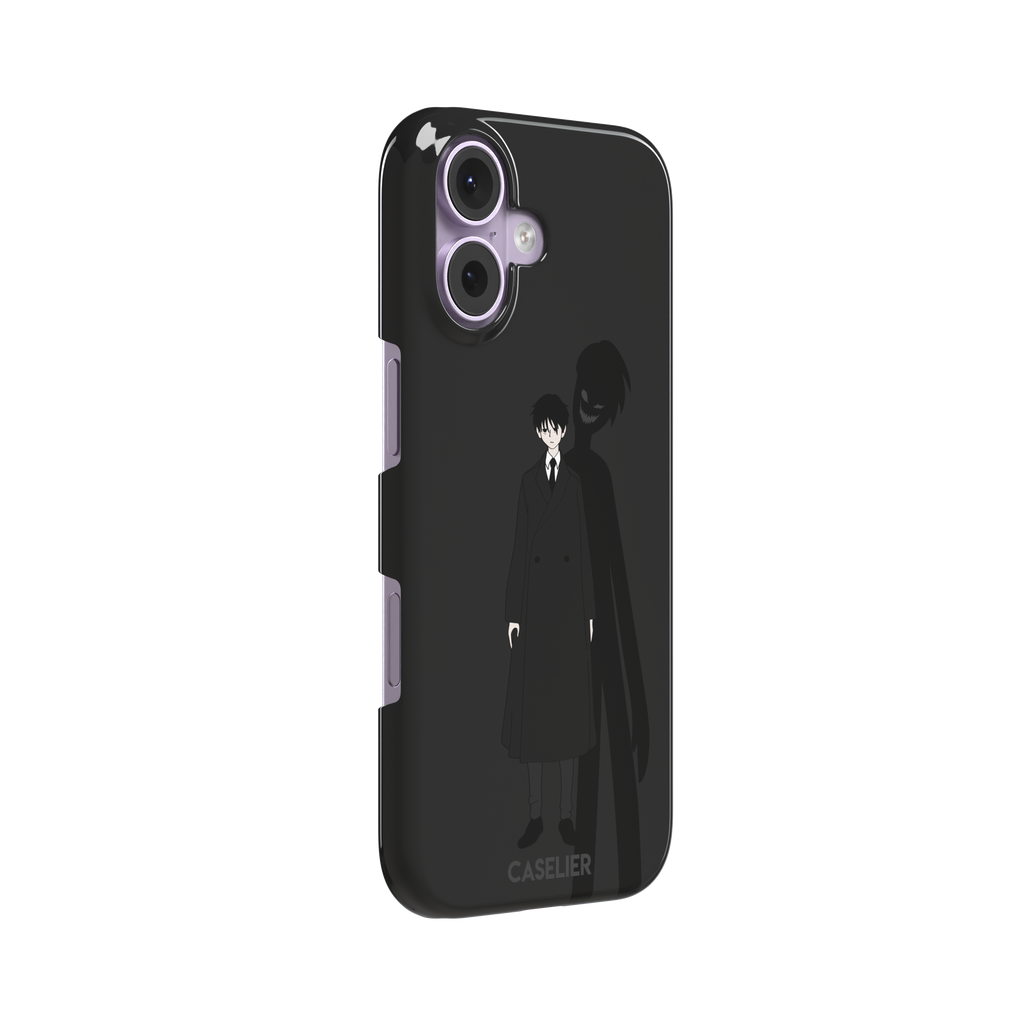 Dark anime boy in black coat with grinning demon shadow silhouette on charcoal background phone case by Caselier — snap case, left view
