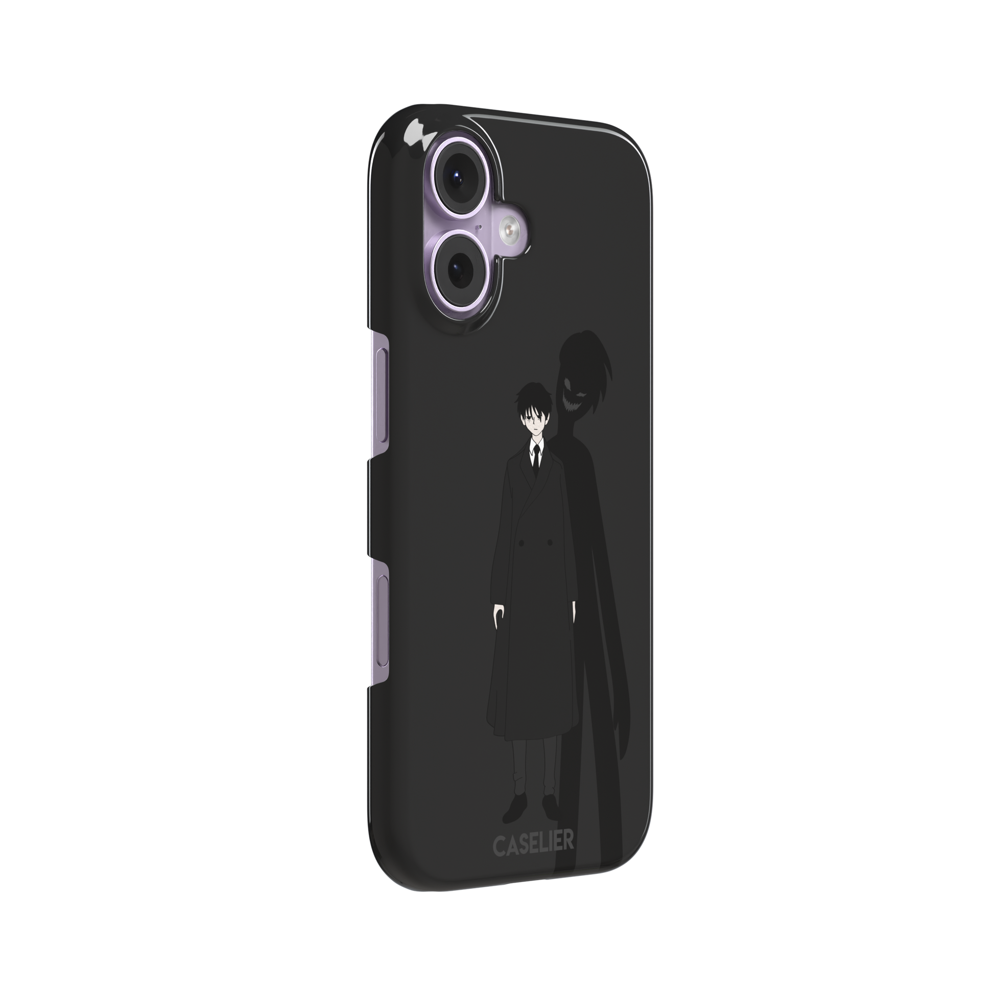 Dark anime boy in black coat with grinning demon shadow silhouette on charcoal background phone case by Caselier — snap case, left view