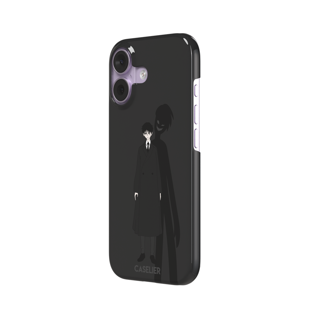 Dark anime boy in black coat with grinning demon shadow silhouette on charcoal background phone case by Caselier — snap case, right view