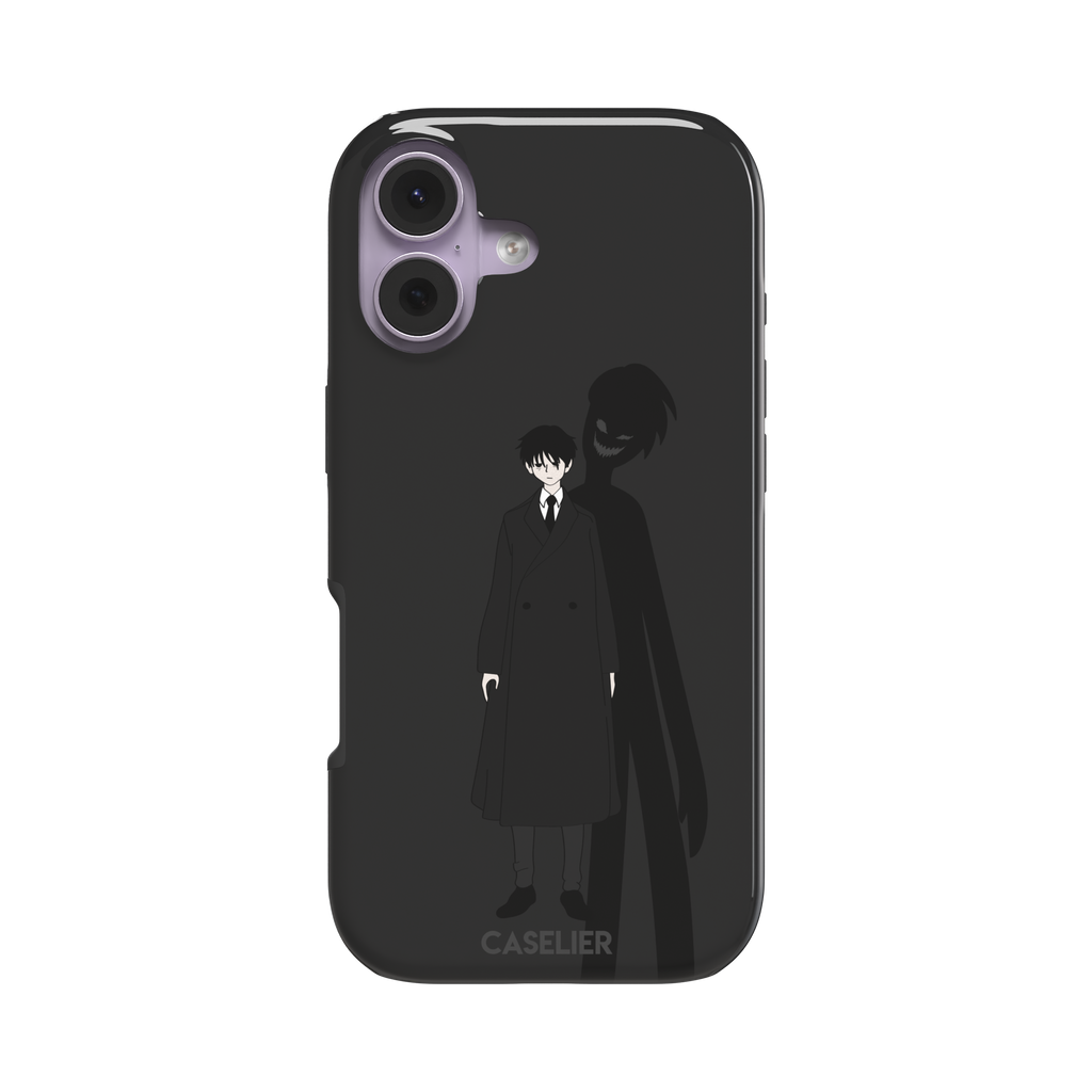 Dark anime boy in black coat with grinning demon shadow silhouette on charcoal background phone case by Caselier — tough case, front view