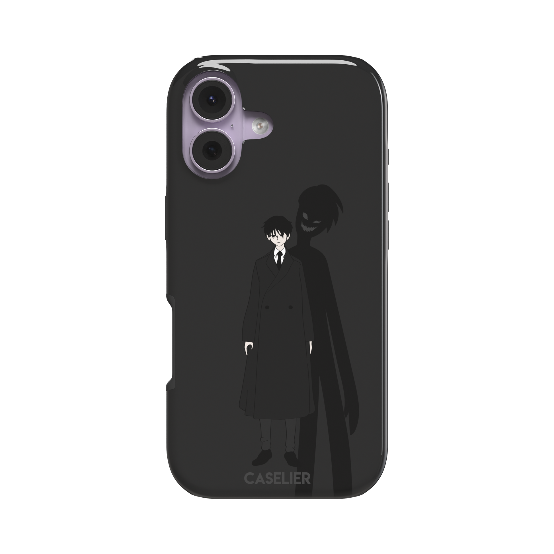 Dark anime boy in black coat with grinning demon shadow silhouette on charcoal background phone case by Caselier — tough case, front view