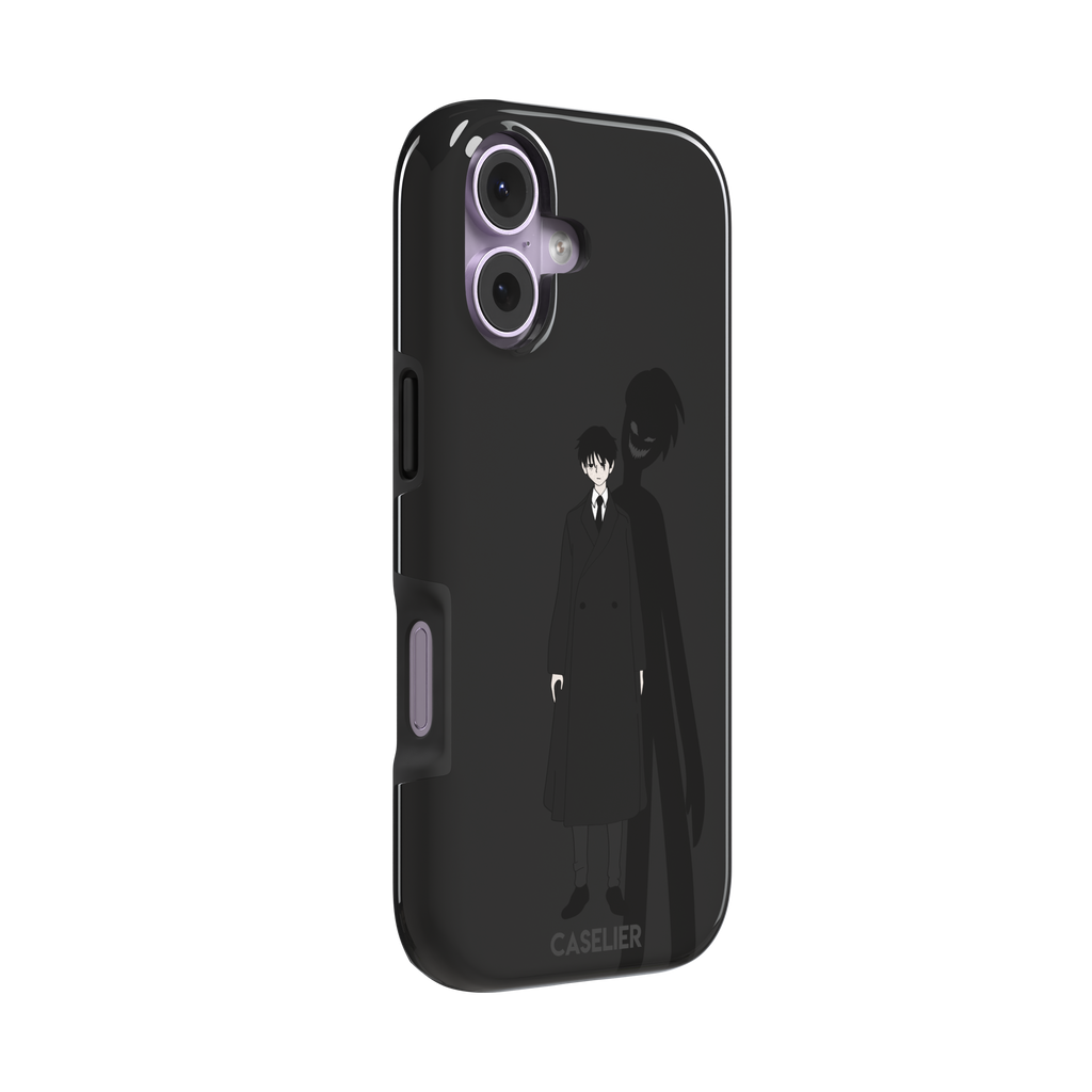 Dark anime boy in black coat with grinning demon shadow silhouette on charcoal background phone case by Caselier — tough case, left view