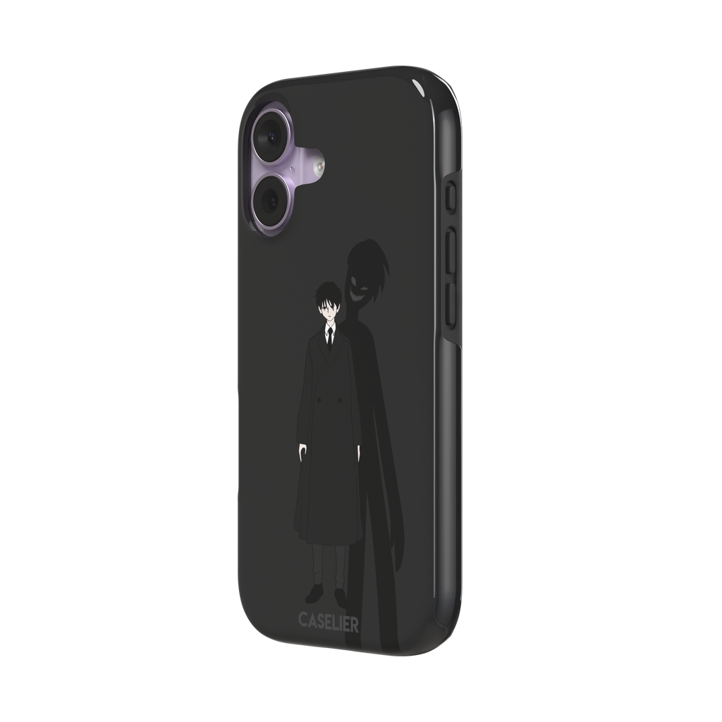 Dark anime boy in black coat with grinning demon shadow silhouette on charcoal background phone case by Caselier — tough case, right view