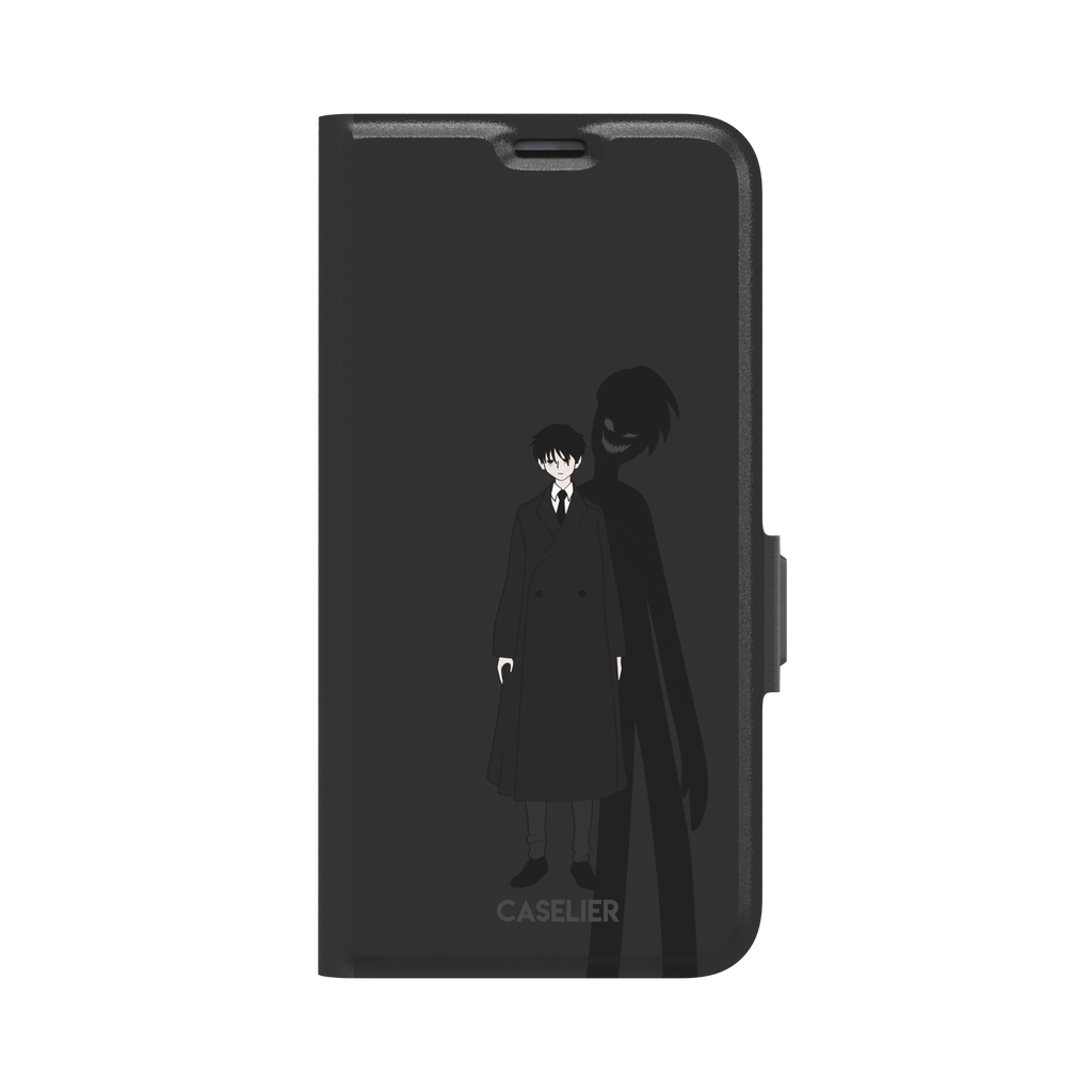 Dark anime boy in black coat with grinning demon shadow silhouette on charcoal background phone case by Caselier — wallet case, front view