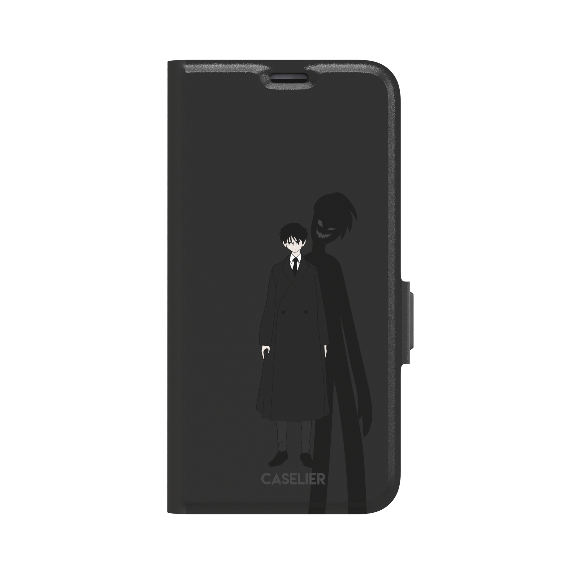 Dark anime boy in black coat with grinning demon shadow silhouette on charcoal background phone case by Caselier — wallet case, front view