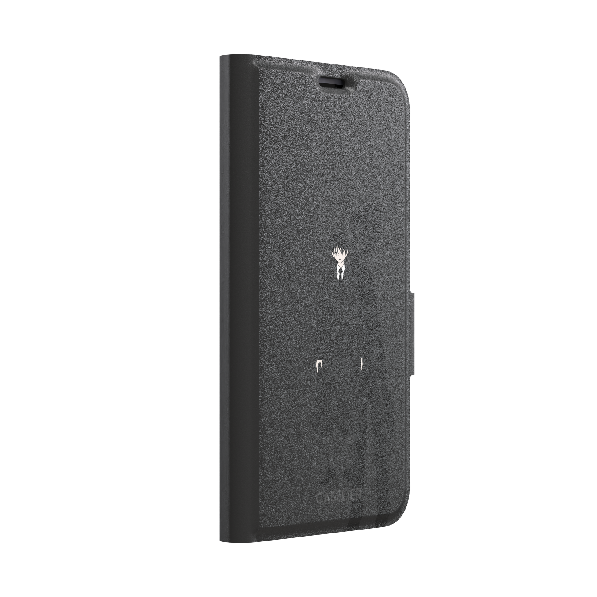 Dark anime boy in black coat with grinning demon shadow silhouette on charcoal background phone case by Caselier — wallet case, left view