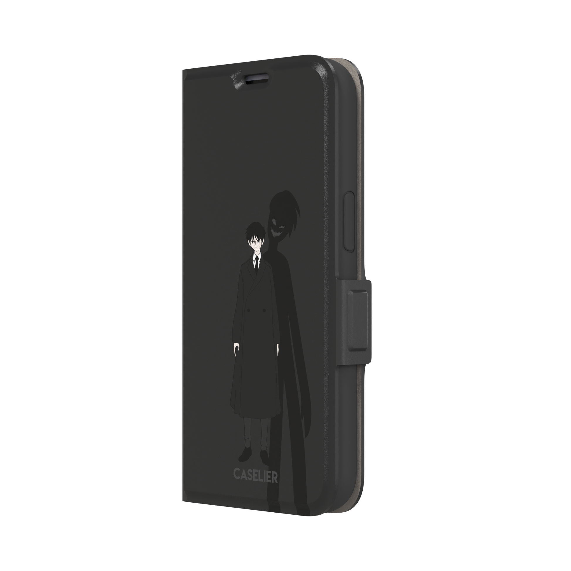 Dark anime boy in black coat with grinning demon shadow silhouette on charcoal background phone case by Caselier — wallet case, right view