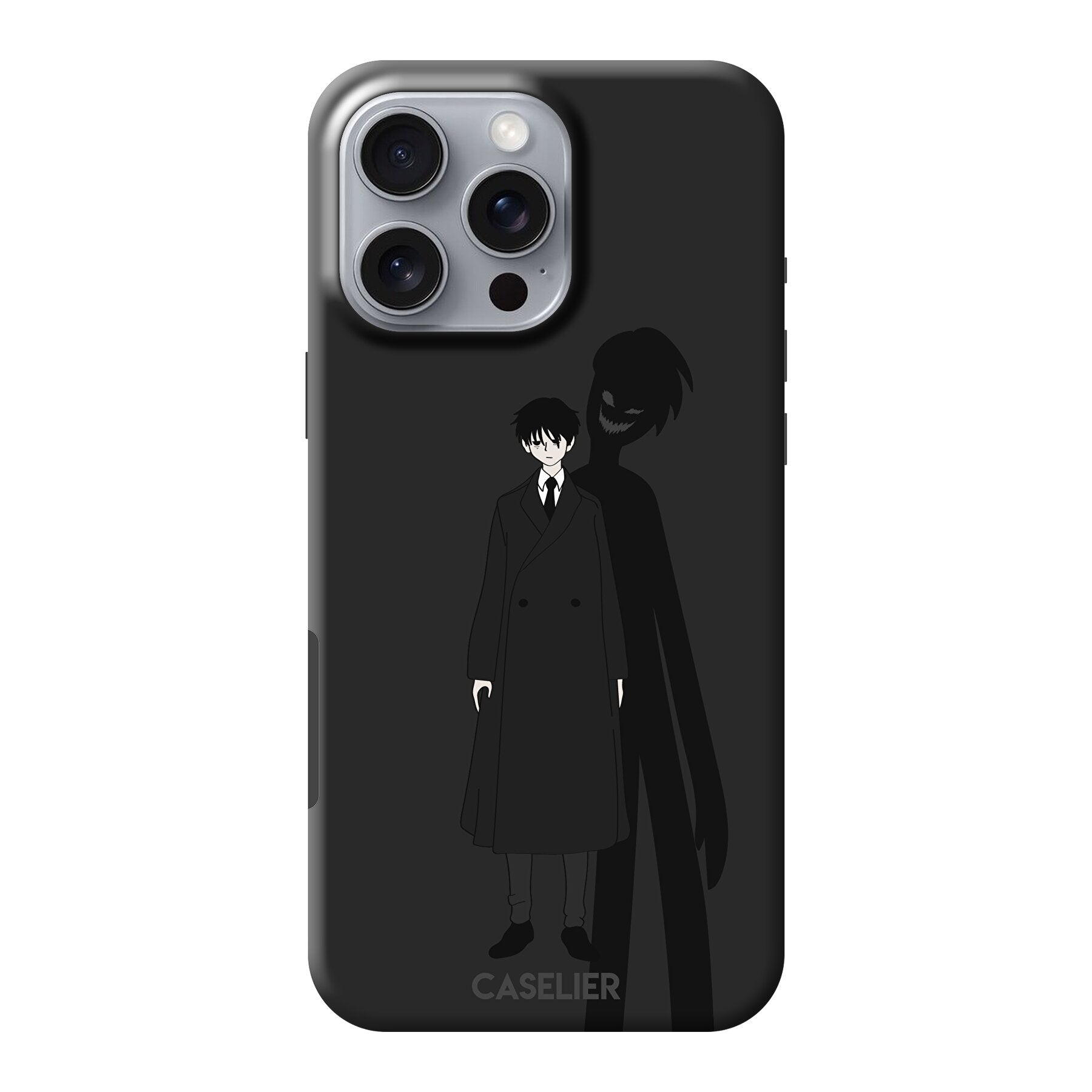 Phone case with a design of a person casting a shadow of a mask on a black background, featuring the brand 'CASELIER'.