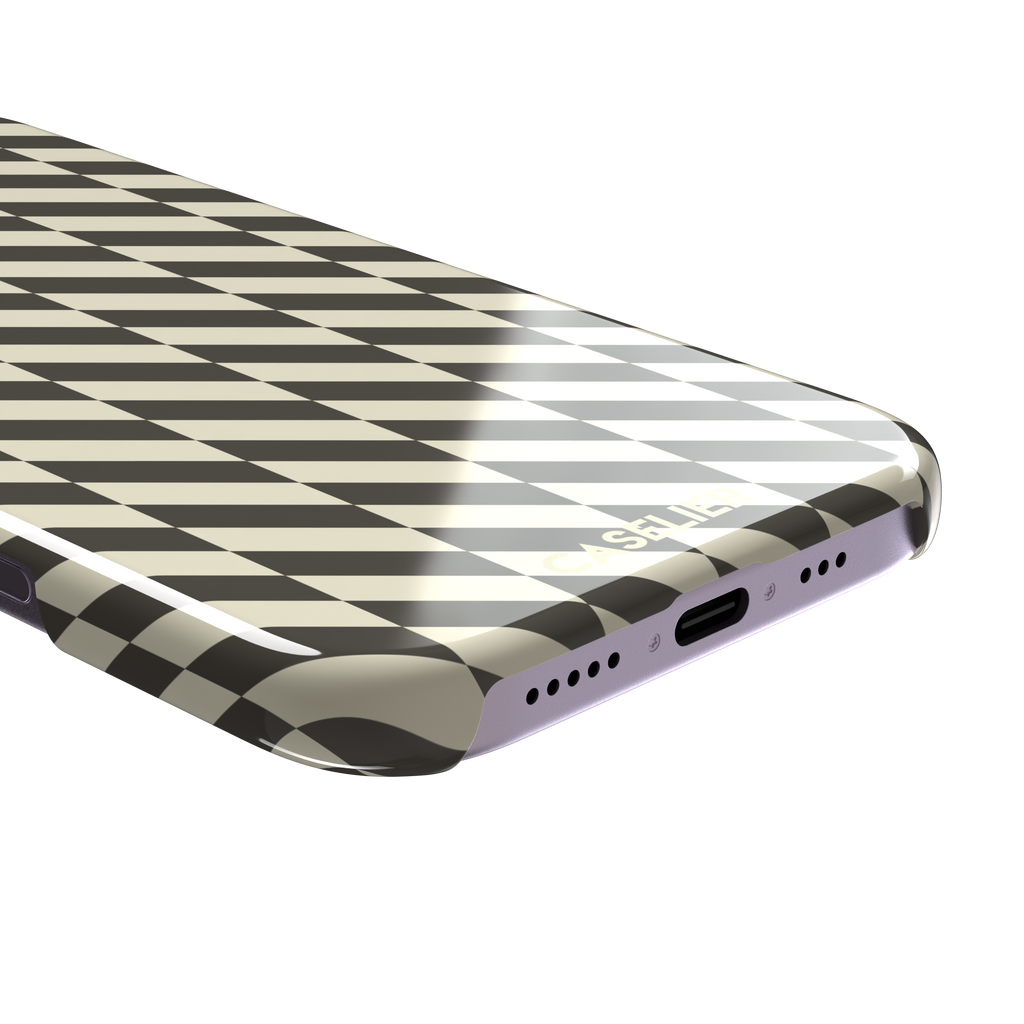 Diagonal Stripes phone case in charcoal and cream diagonal stripe geometric pattern on iPhone, phone case by Caselier — snap case, charging port detail