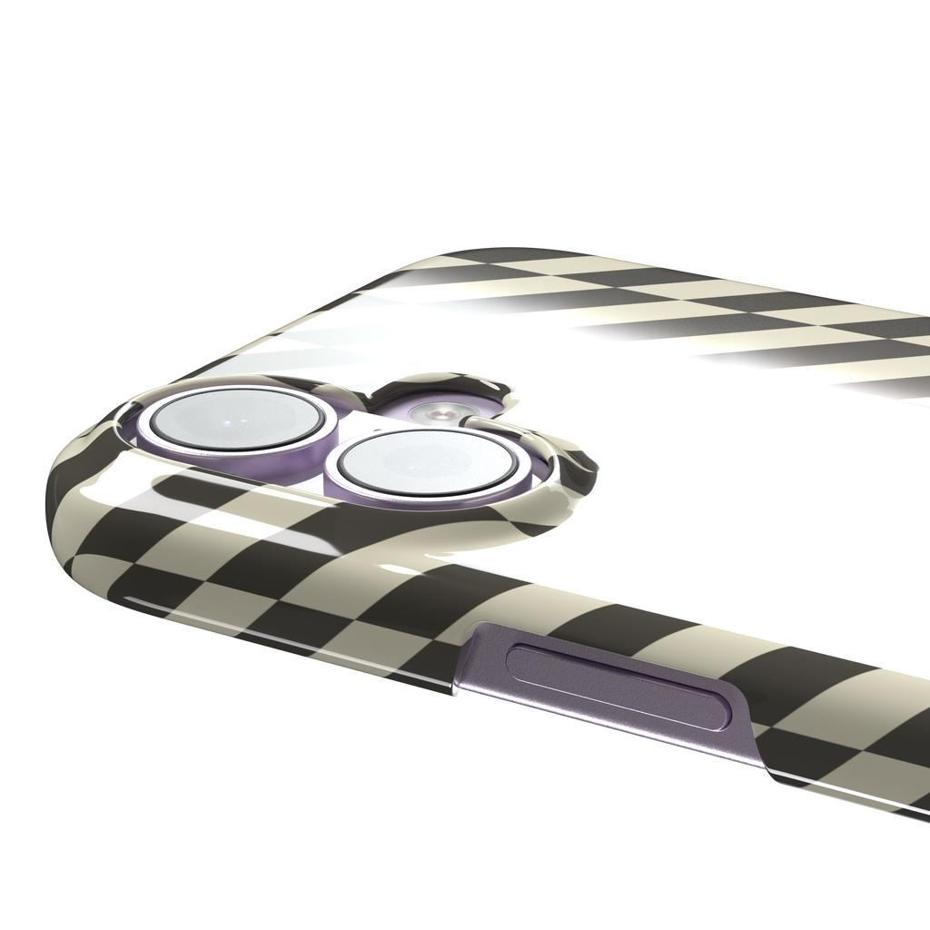 Diagonal Stripes phone case in charcoal and cream diagonal stripe geometric pattern on iPhone, phone case by Caselier — snap case, volume buttons detail