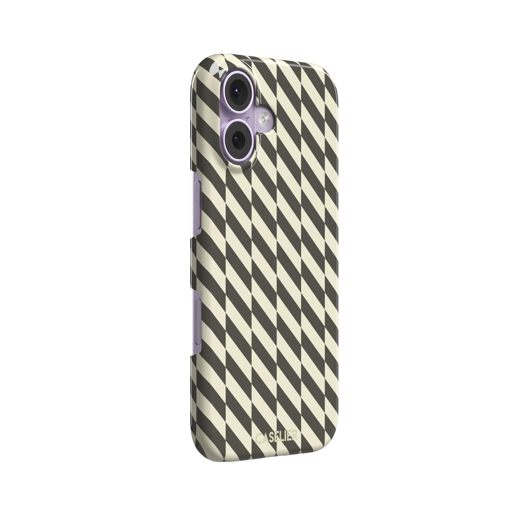 Diagonal Stripes phone case in charcoal and cream diagonal stripe geometric pattern on iPhone, phone case by Caselier — snap case, left view