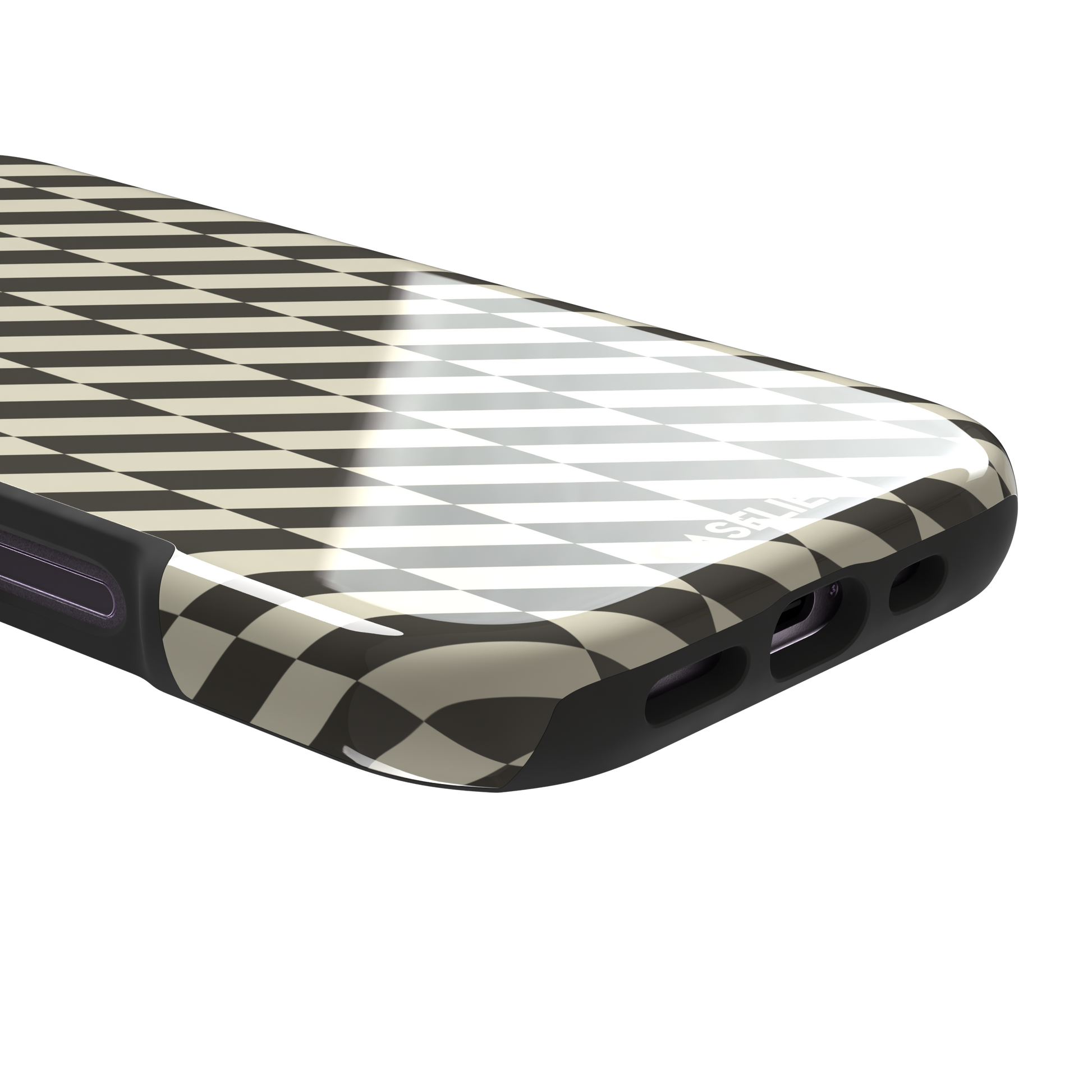 Diagonal Stripes phone case in charcoal and cream diagonal stripe geometric pattern on iPhone, phone case by Caselier — tough case, charging port detail