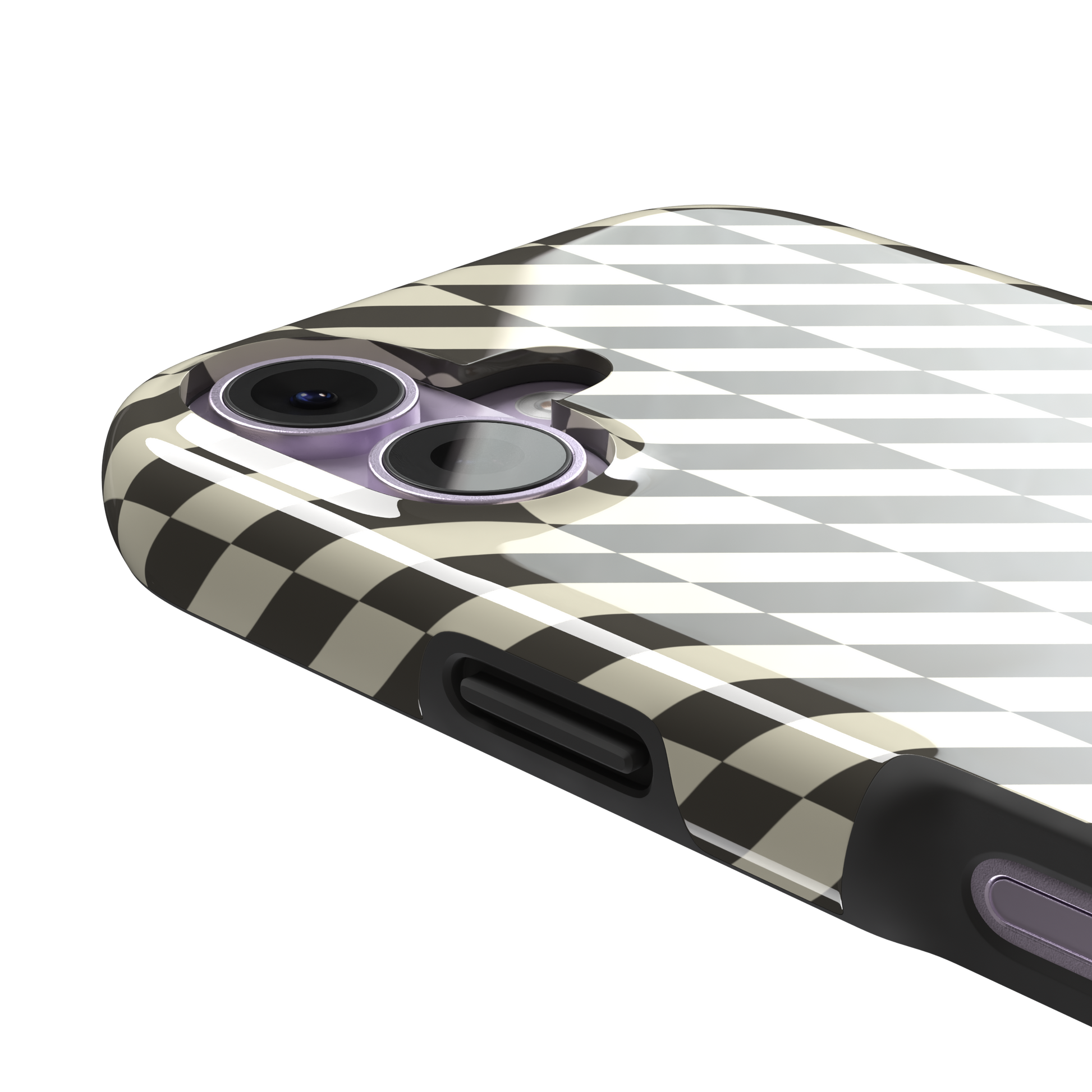 Diagonal Stripes phone case in charcoal and cream diagonal stripe geometric pattern on iPhone, phone case by Caselier — tough case, volume buttons detail