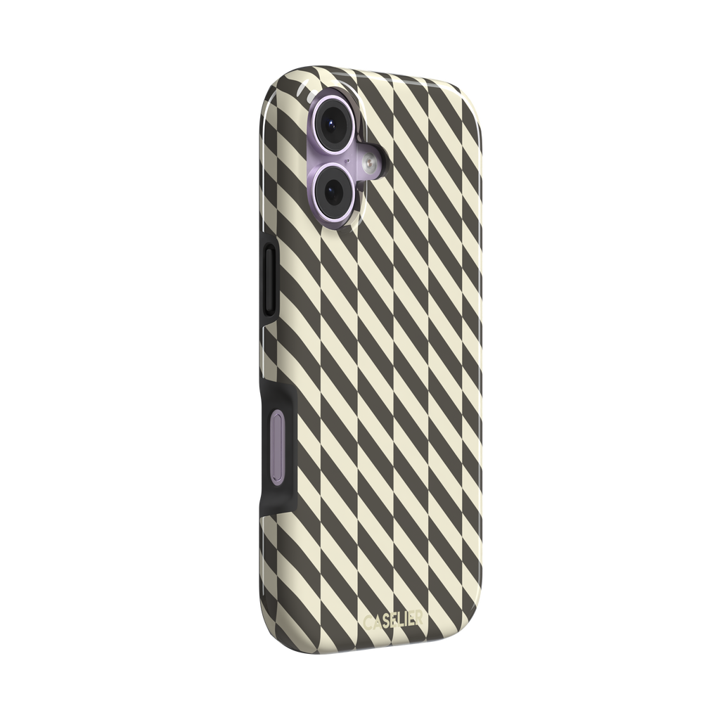 Diagonal Stripes phone case in charcoal and cream diagonal stripe geometric pattern on iPhone, phone case by Caselier — tough case, left view