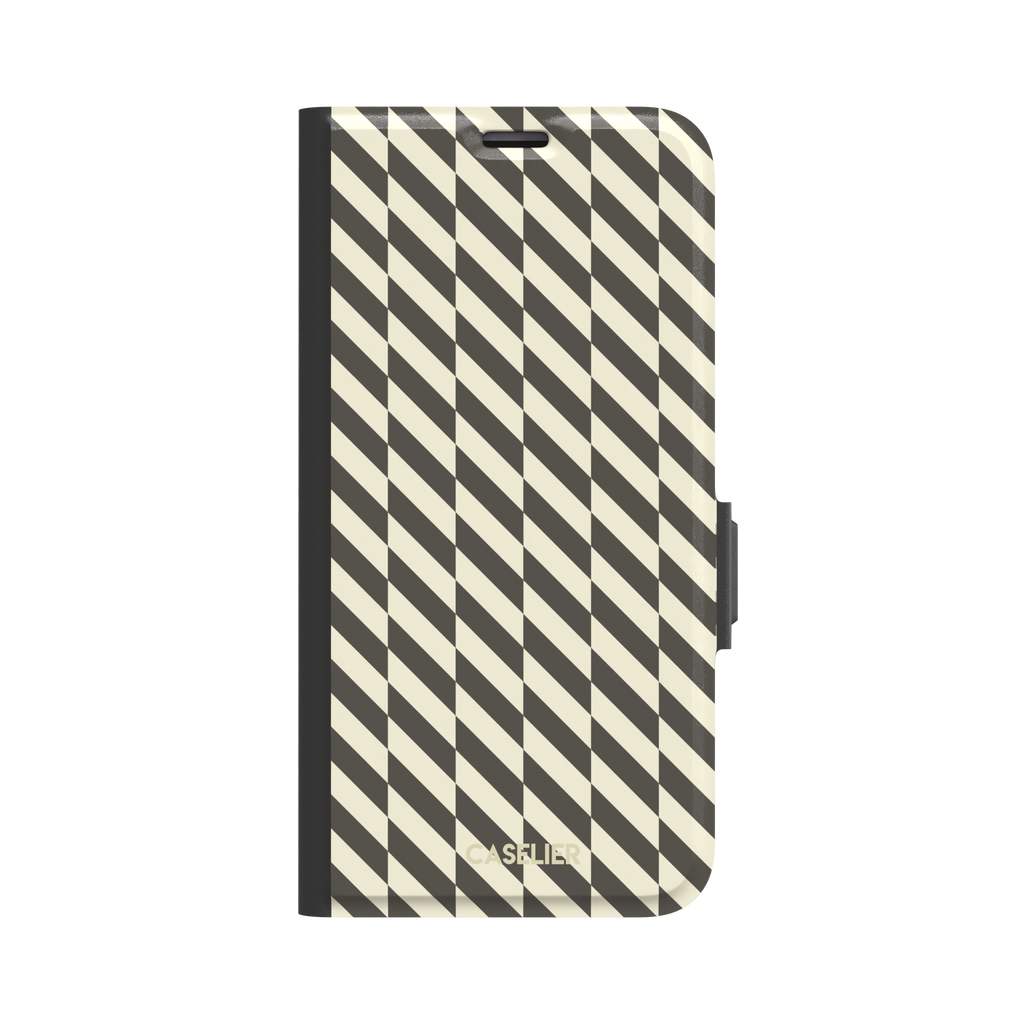 Diagonal Stripes phone case in charcoal and cream diagonal stripe geometric pattern on iPhone, phone case by Caselier — wallet case, front view