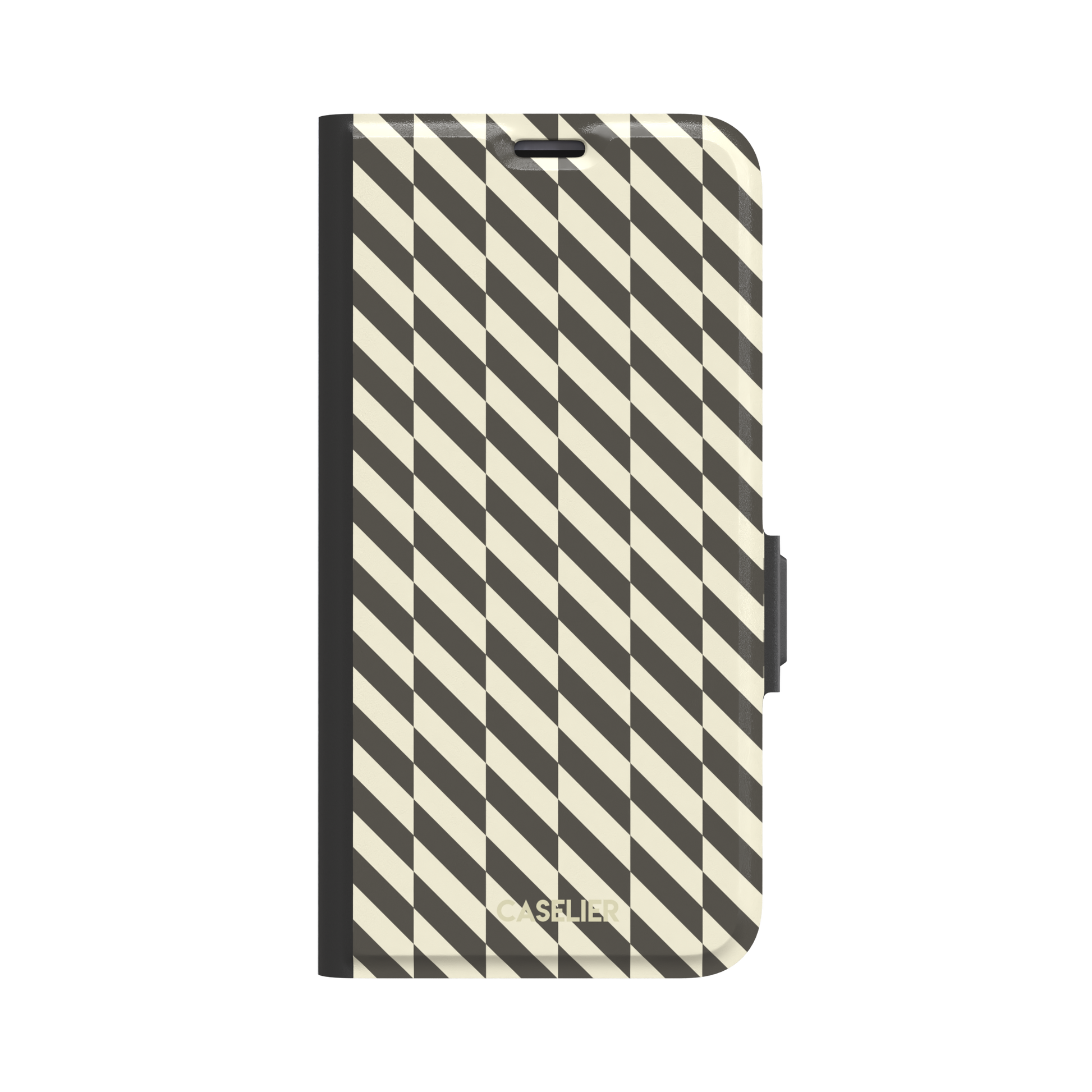 Diagonal Stripes phone case in charcoal and cream diagonal stripe geometric pattern on iPhone, phone case by Caselier — wallet case, front view