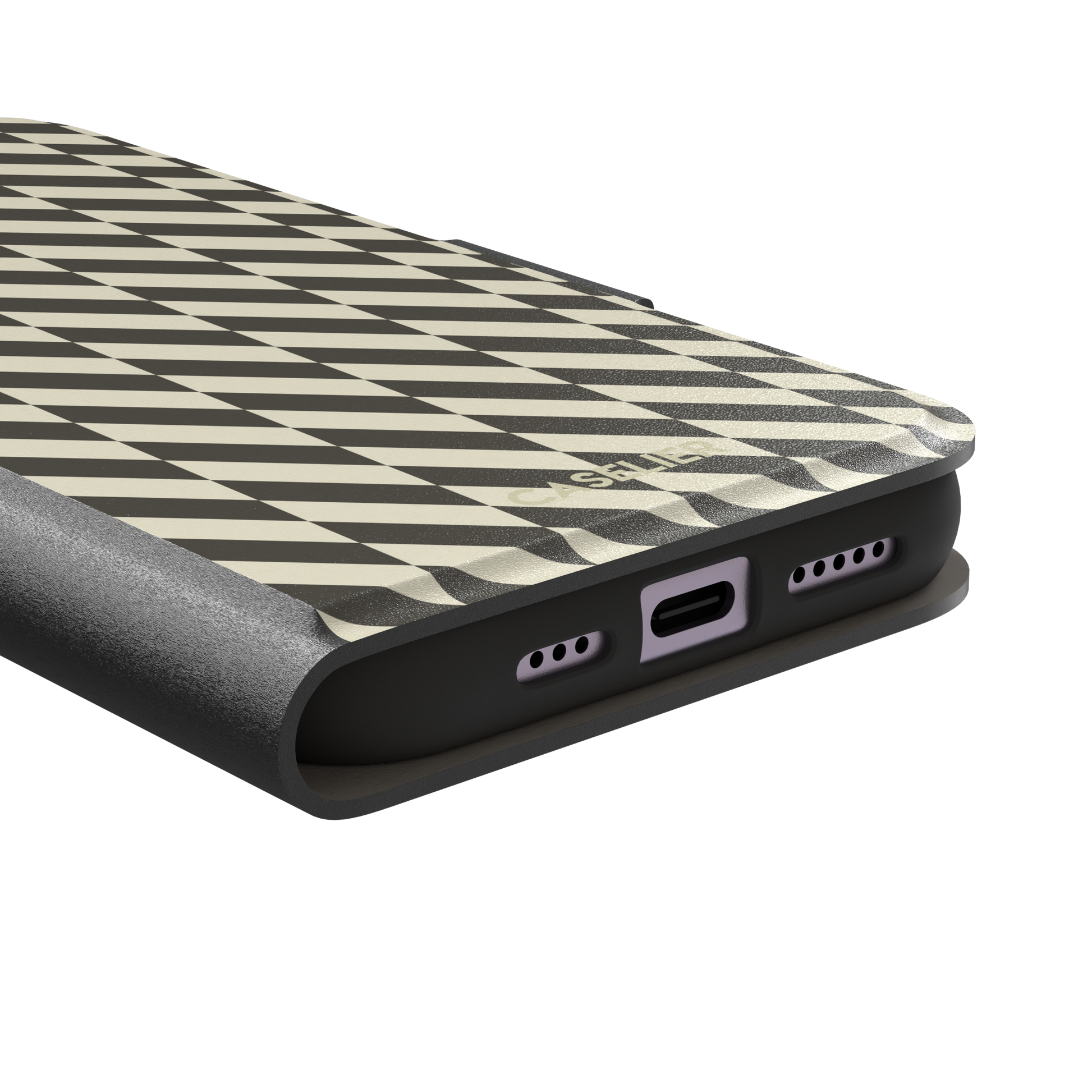 Diagonal Stripes phone case in charcoal and cream diagonal stripe geometric pattern on iPhone, phone case by Caselier — wallet case, charging port detail
