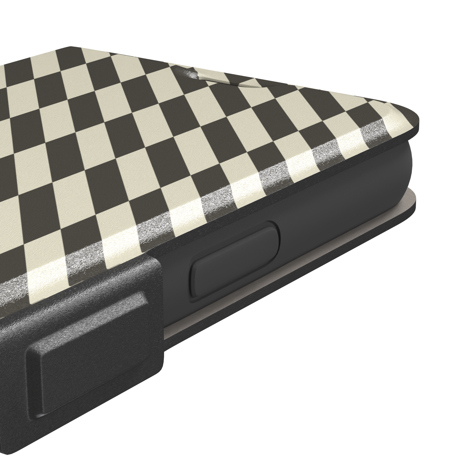 Diagonal Stripes phone case in charcoal and cream diagonal stripe geometric pattern on iPhone, phone case by Caselier — wallet case, volume buttons detail
