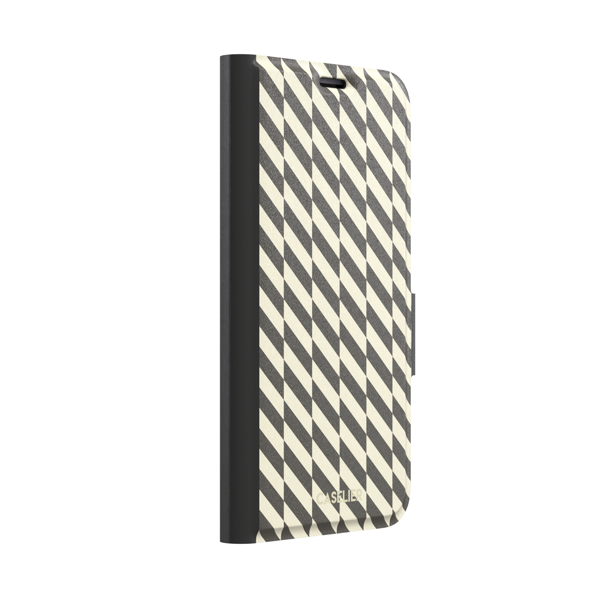 Diagonal Stripes phone case in charcoal and cream diagonal stripe geometric pattern on iPhone, phone case by Caselier — wallet case, left view