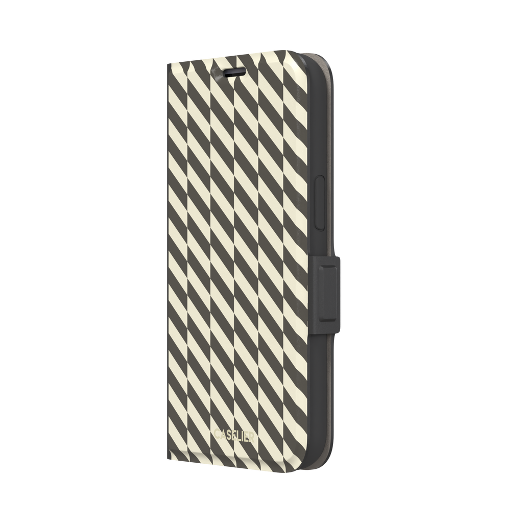 Diagonal Stripes phone case in charcoal and cream diagonal stripe geometric pattern on iPhone, phone case by Caselier — wallet case, right view