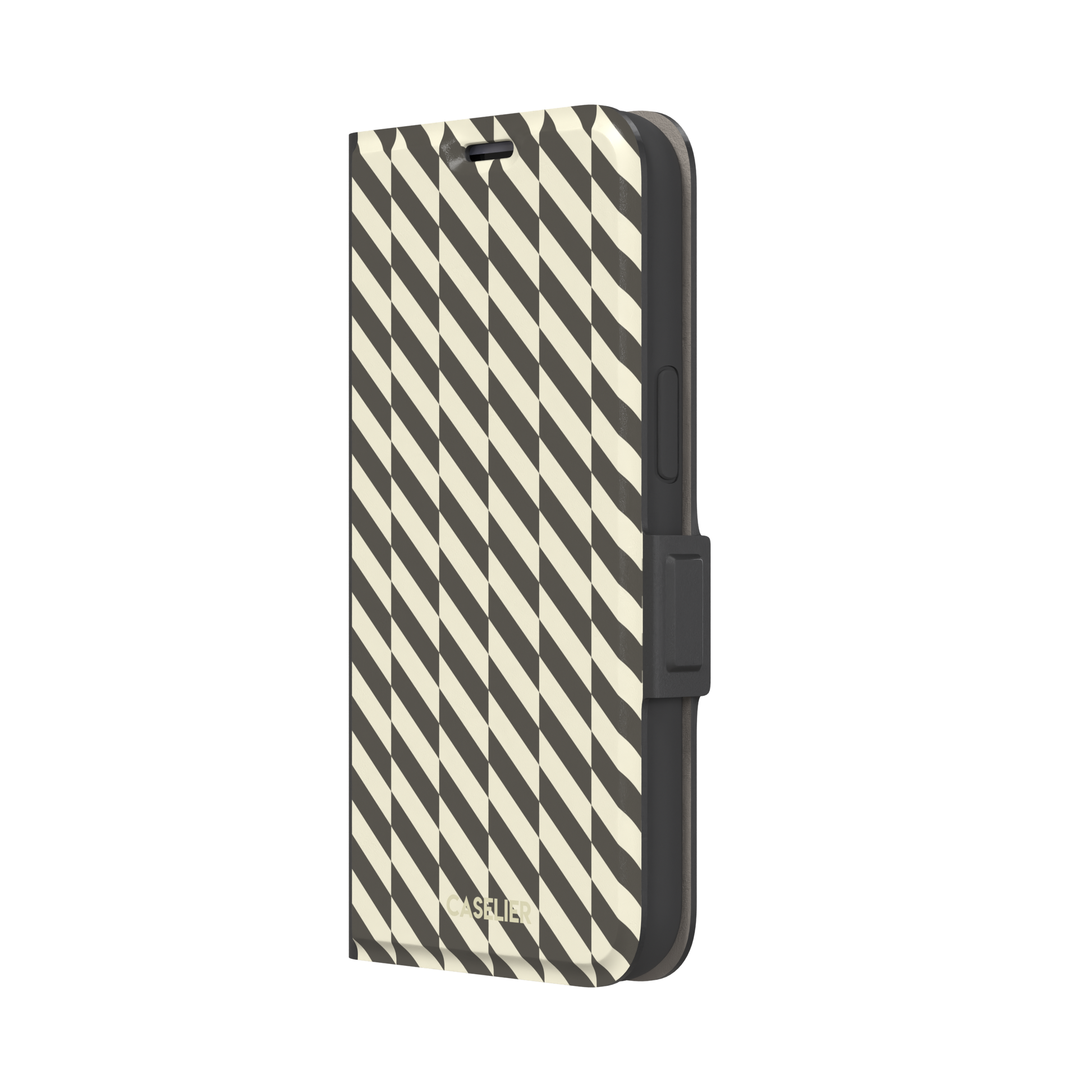 Diagonal Stripes phone case in charcoal and cream diagonal stripe geometric pattern on iPhone, phone case by Caselier — wallet case, right view
