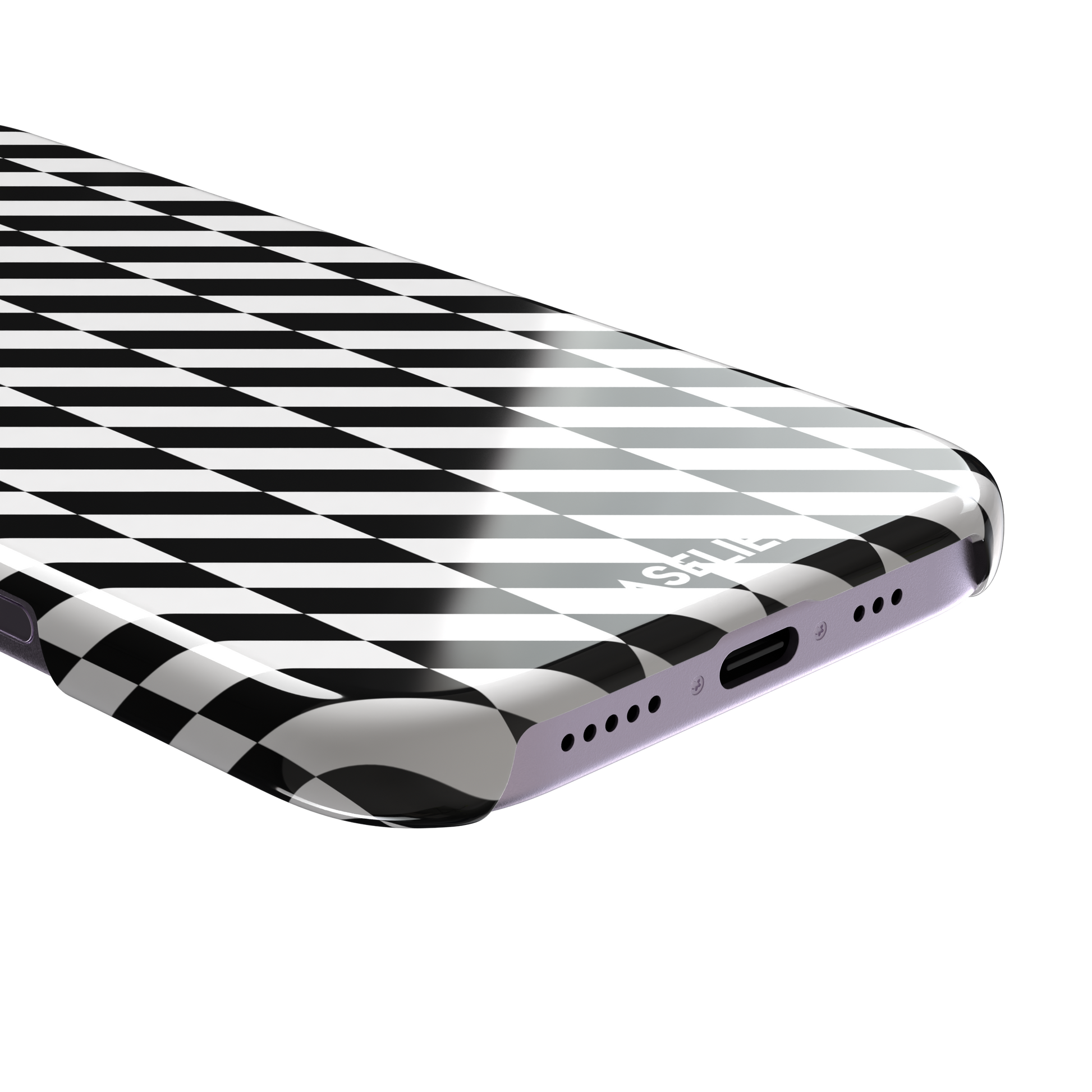 Diagonal Stripes phone case in bold black and white diagonal stripe pattern on iPhone, phone case by Caselier — snap case, charging port detail