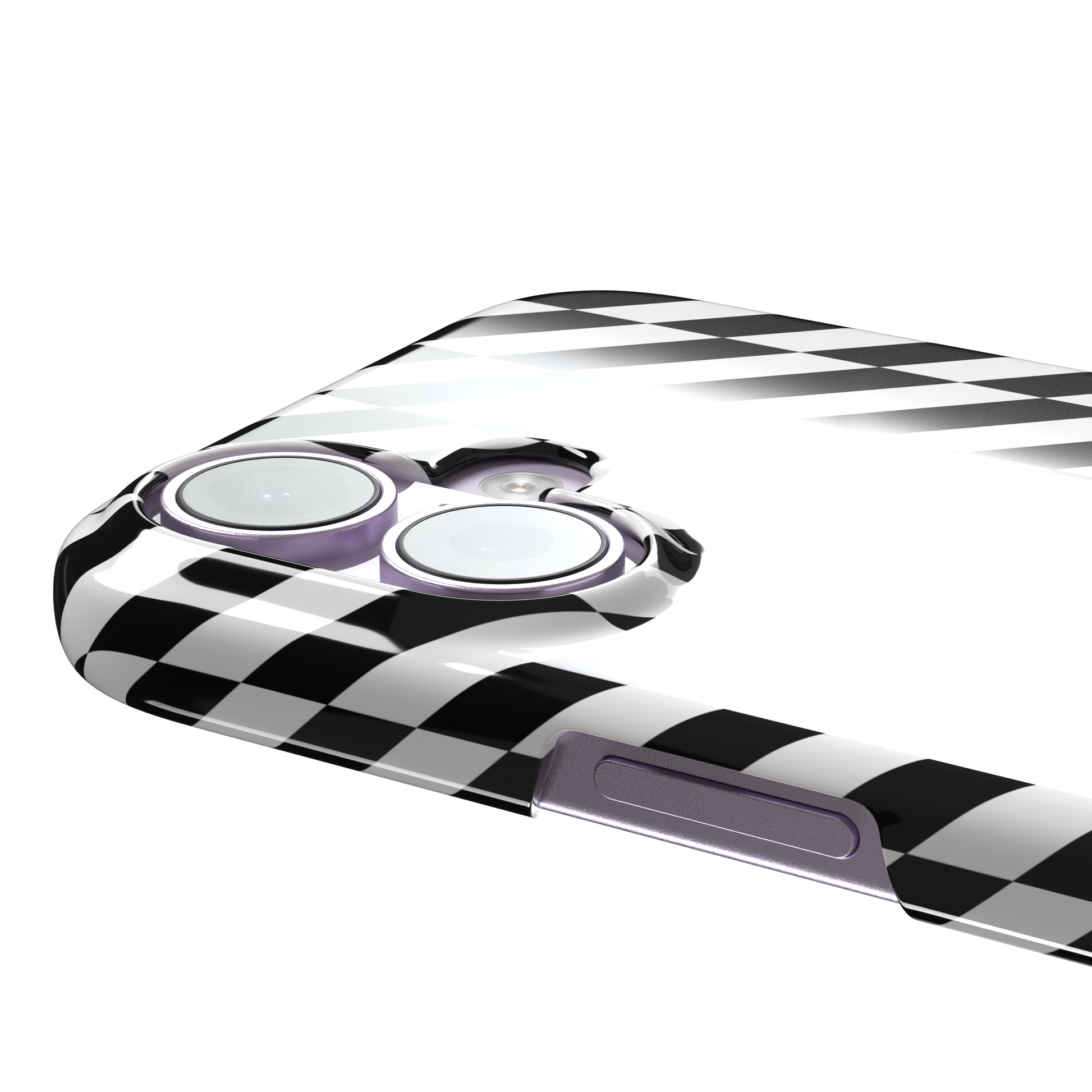 Diagonal Stripes phone case in bold black and white diagonal stripe pattern on iPhone, phone case by Caselier — snap case, volume buttons detail