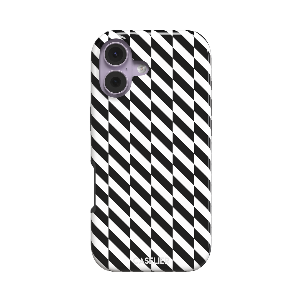 Diagonal Stripes phone case in bold black and white diagonal stripe pattern on iPhone, phone case by Caselier — tough case, front view