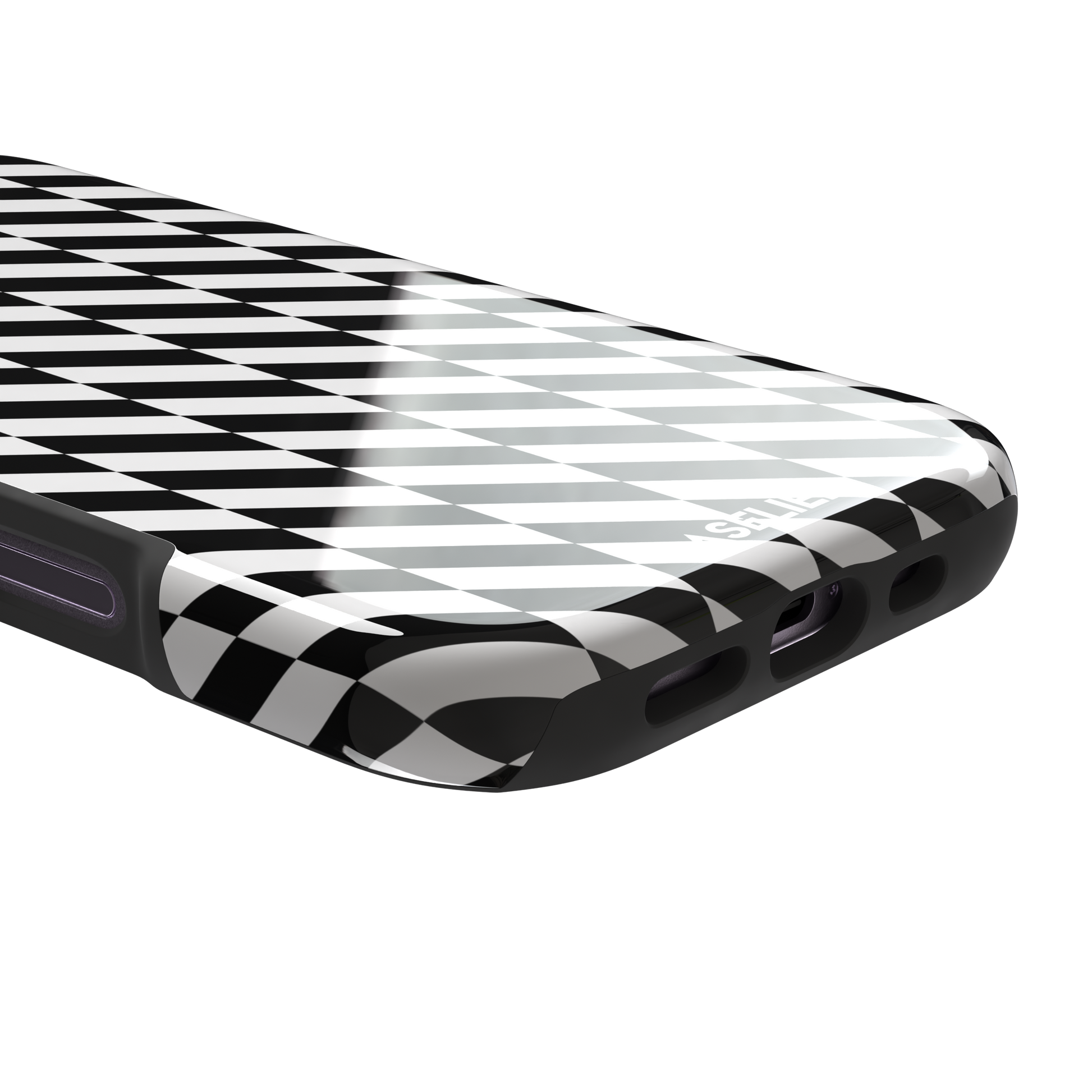 Diagonal Stripes phone case in bold black and white diagonal stripe pattern on iPhone, phone case by Caselier — tough case, charging port detail