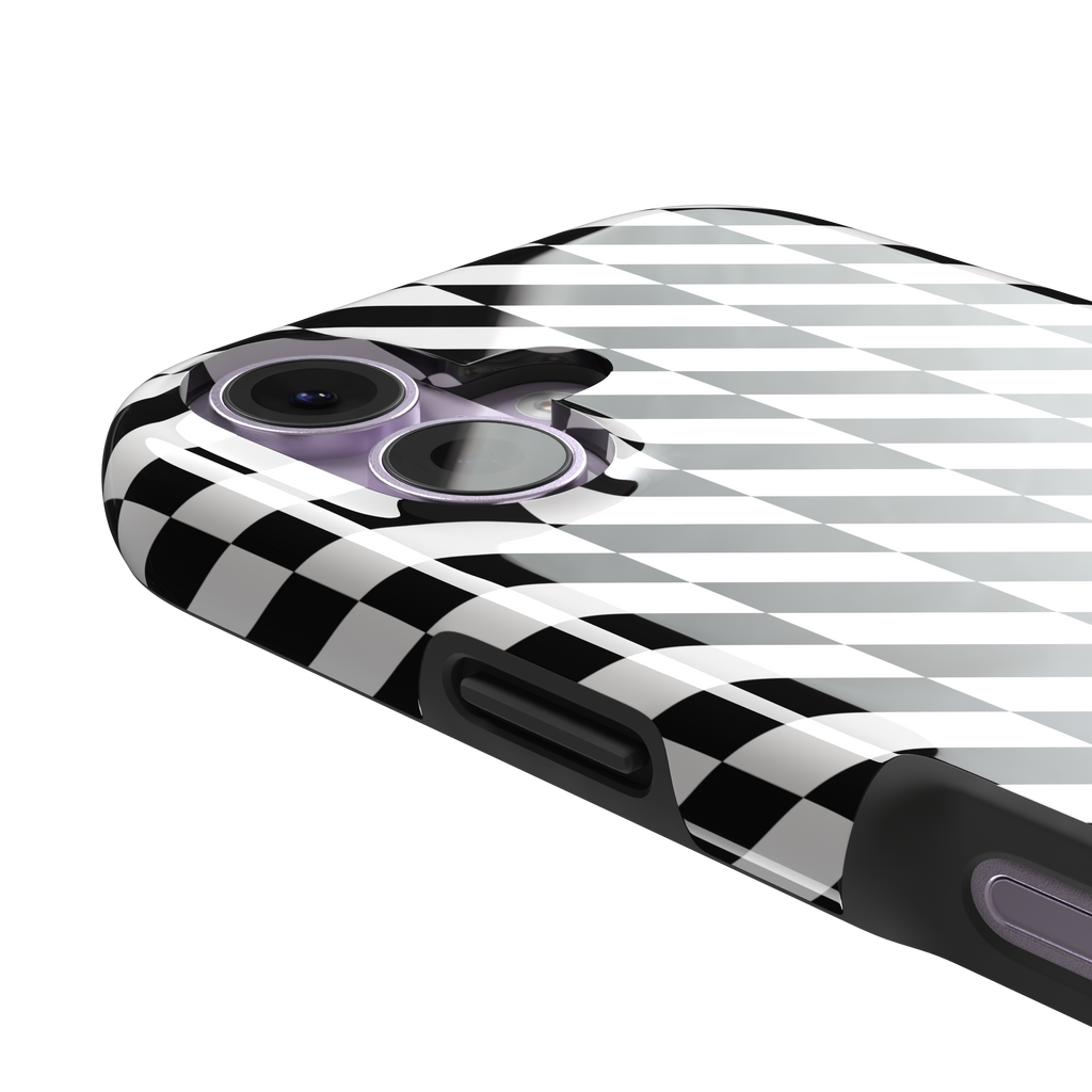 Diagonal Stripes phone case in bold black and white diagonal stripe pattern on iPhone, phone case by Caselier — tough case, volume buttons detail