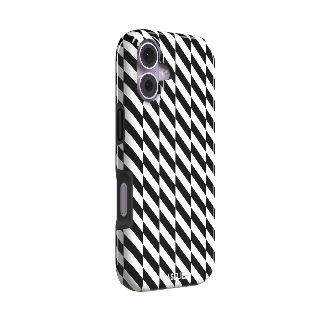 Diagonal Stripes phone case in bold black and white diagonal stripe pattern on iPhone, phone case by Caselier — tough case, left view