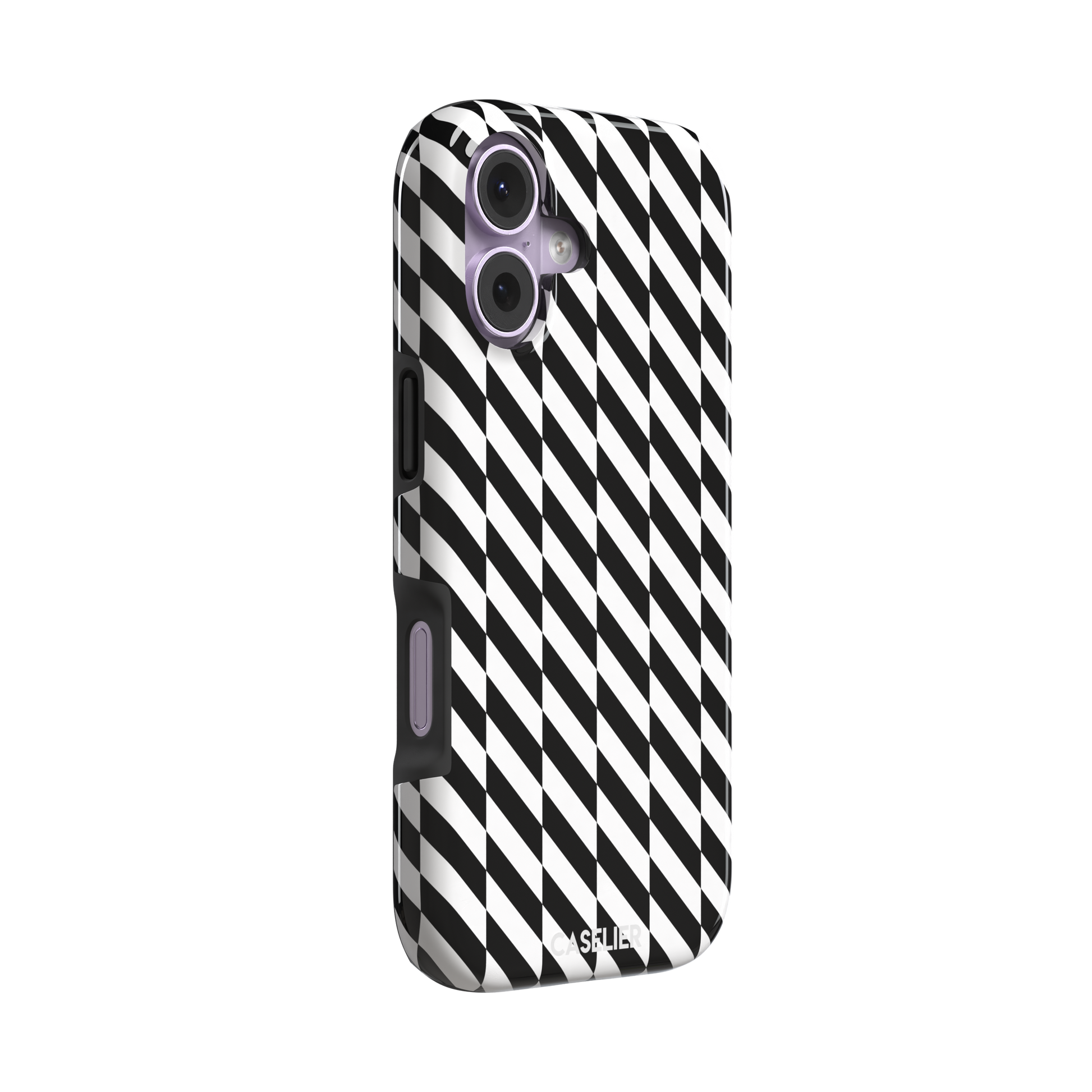 Diagonal Stripes phone case in bold black and white diagonal stripe pattern on iPhone, phone case by Caselier — tough case, left view