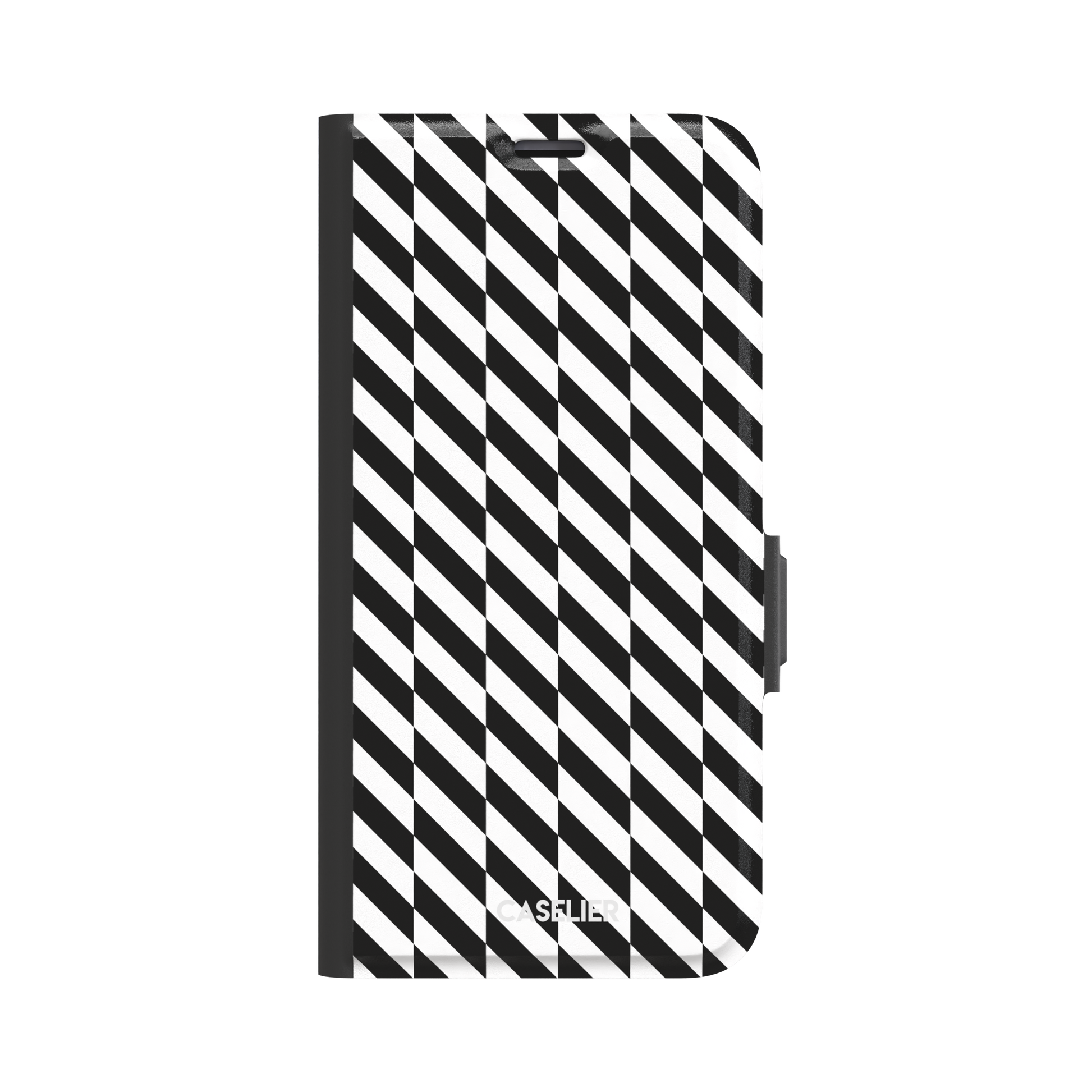 Diagonal Stripes phone case in bold black and white diagonal stripe pattern on iPhone, phone case by Caselier — wallet case, front view
