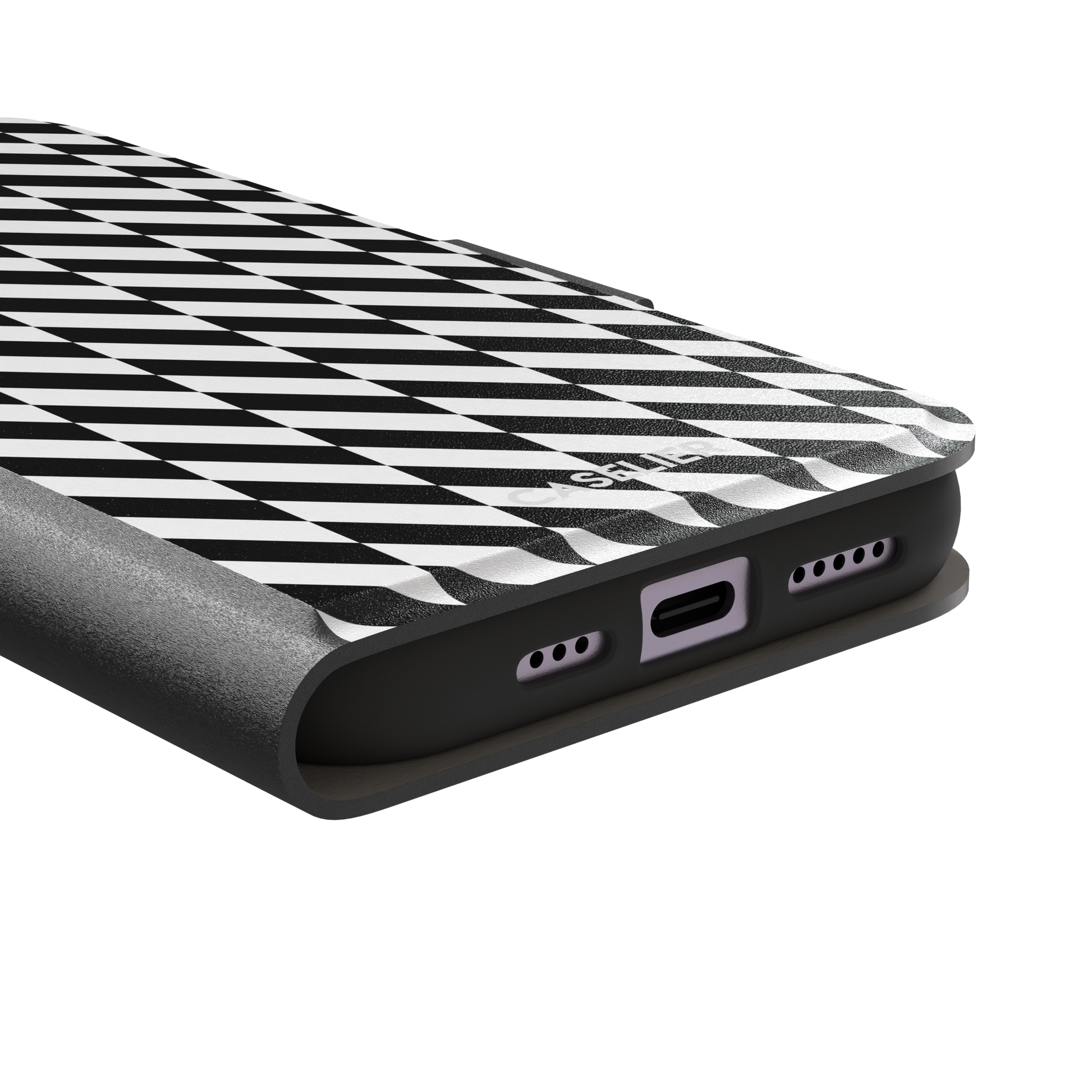 Diagonal Stripes phone case in bold black and white diagonal stripe pattern on iPhone, phone case by Caselier — wallet case, charging port detail