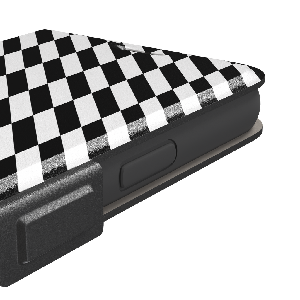 Diagonal Stripes phone case in bold black and white diagonal stripe pattern on iPhone, phone case by Caselier — wallet case, volume buttons detail