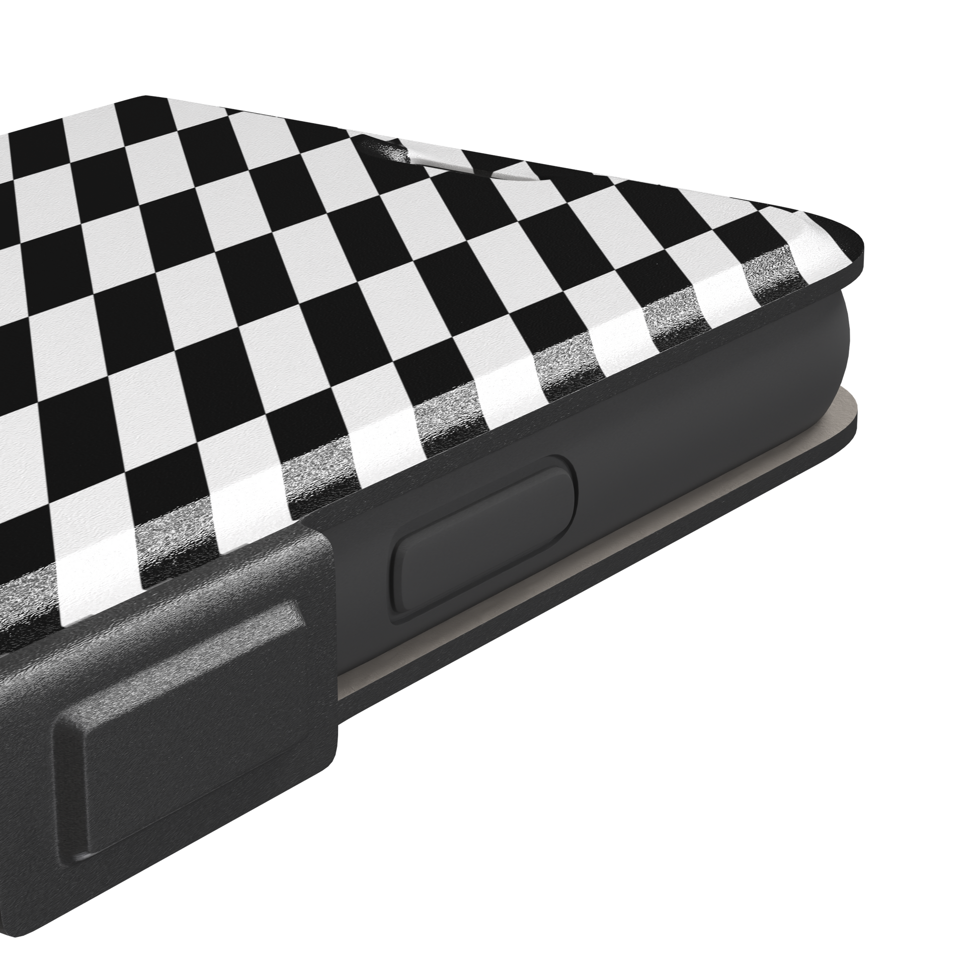 Diagonal Stripes phone case in bold black and white diagonal stripe pattern on iPhone, phone case by Caselier — wallet case, volume buttons detail