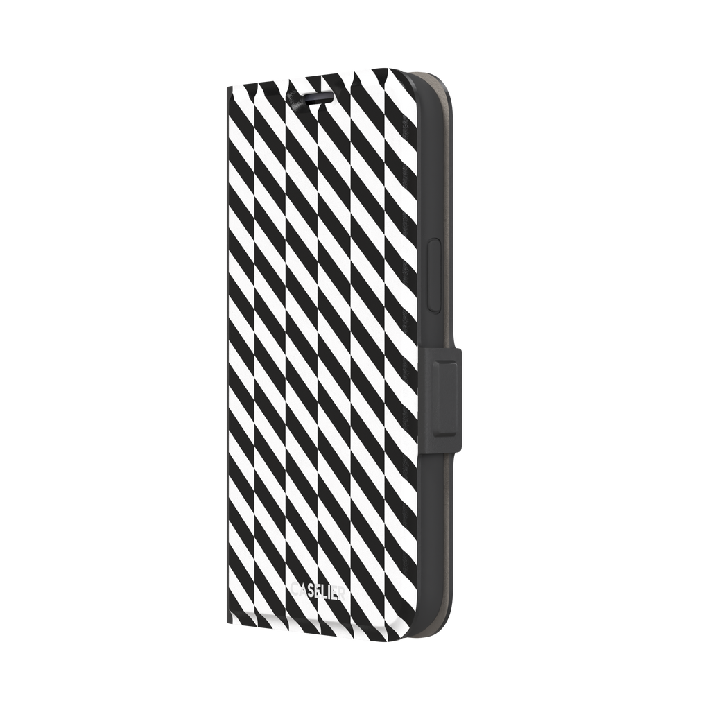 Diagonal Stripes phone case in bold black and white diagonal stripe pattern on iPhone, phone case by Caselier — wallet case, right view