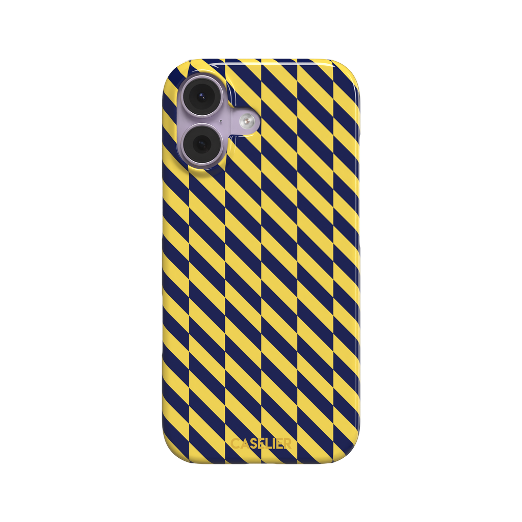 Diagonal Stripes phone case in navy blue and yellow diagonal stripe pattern on iPhone, phone case by Caselier — snap case, front view