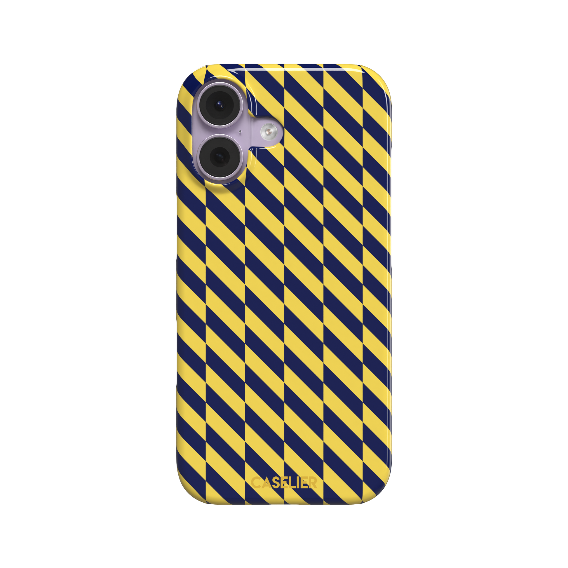 Diagonal Stripes phone case in navy blue and yellow diagonal stripe pattern on iPhone, phone case by Caselier — snap case, front view