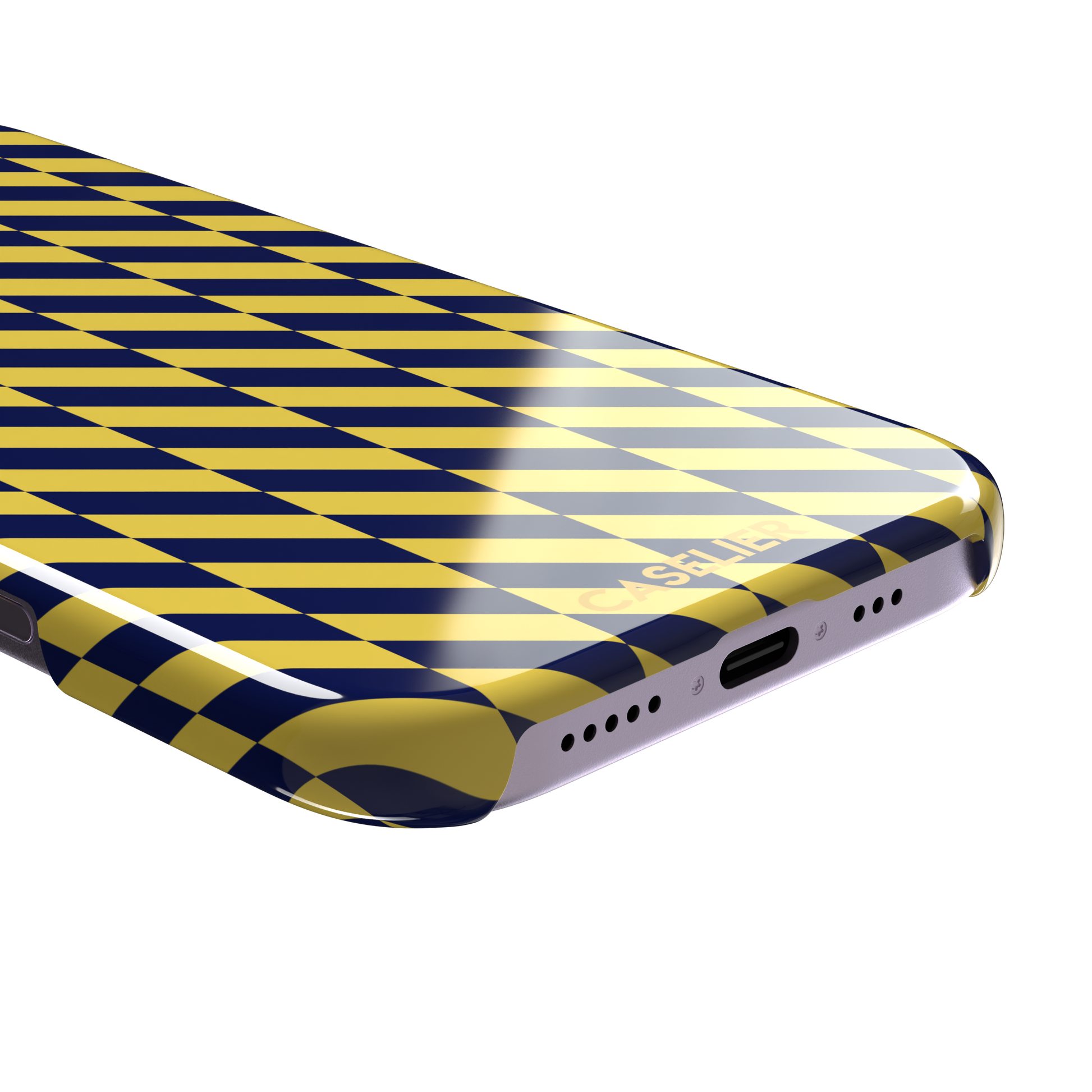 Diagonal Stripes phone case in navy blue and yellow diagonal stripe pattern on iPhone, phone case by Caselier — snap case, charging port detail