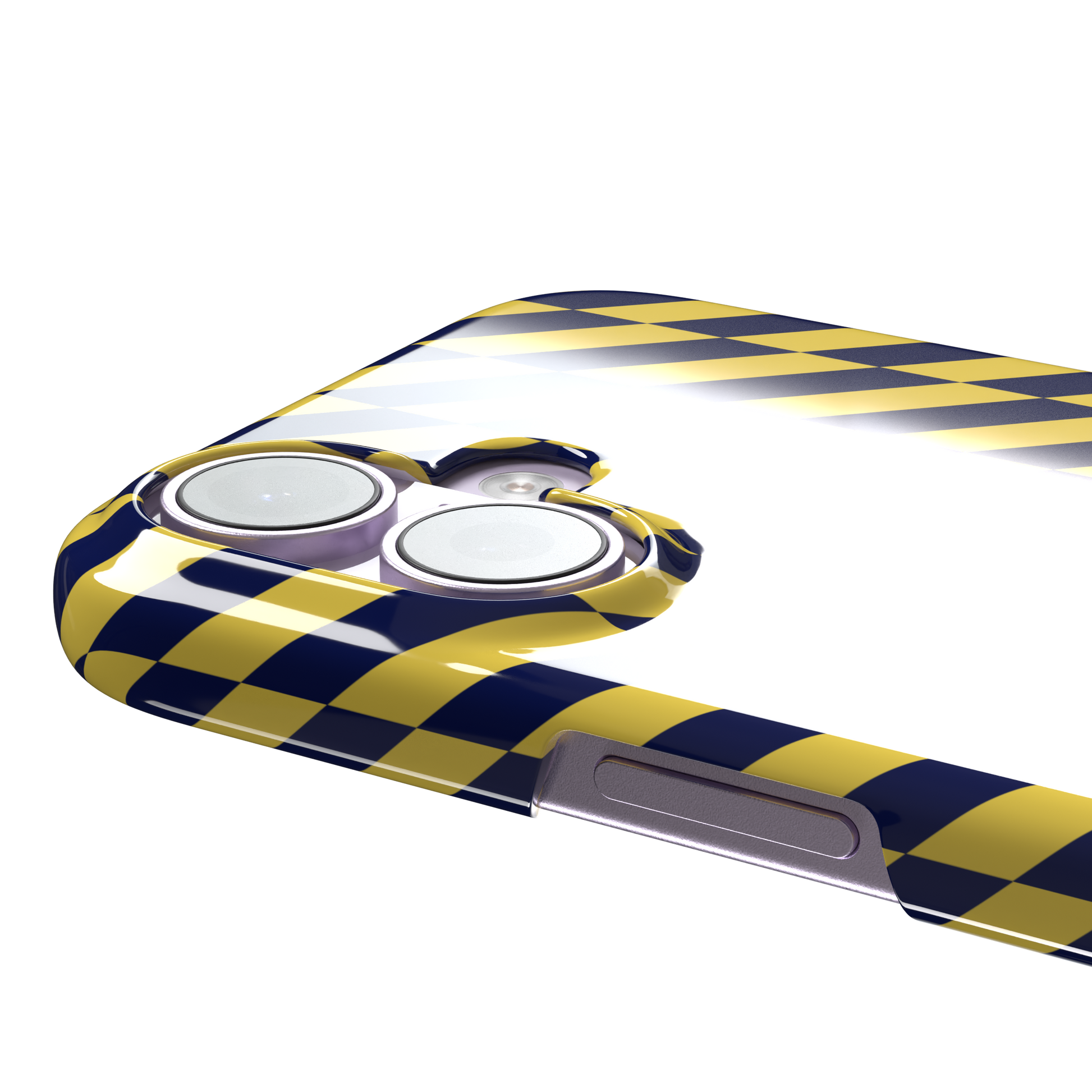 Diagonal Stripes phone case in navy blue and yellow diagonal stripe pattern on iPhone, phone case by Caselier — snap case, volume buttons detail