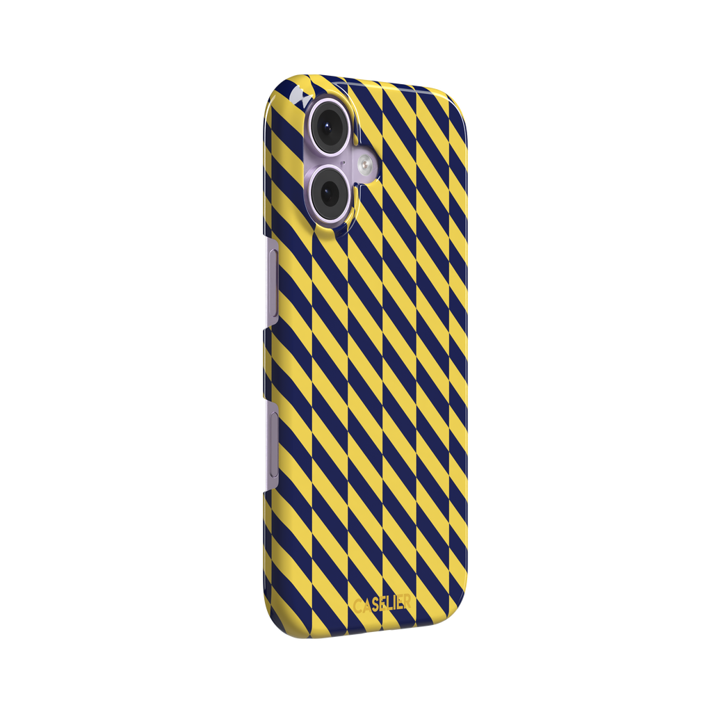 Diagonal Stripes phone case in navy blue and yellow diagonal stripe pattern on iPhone, phone case by Caselier — snap case, left view