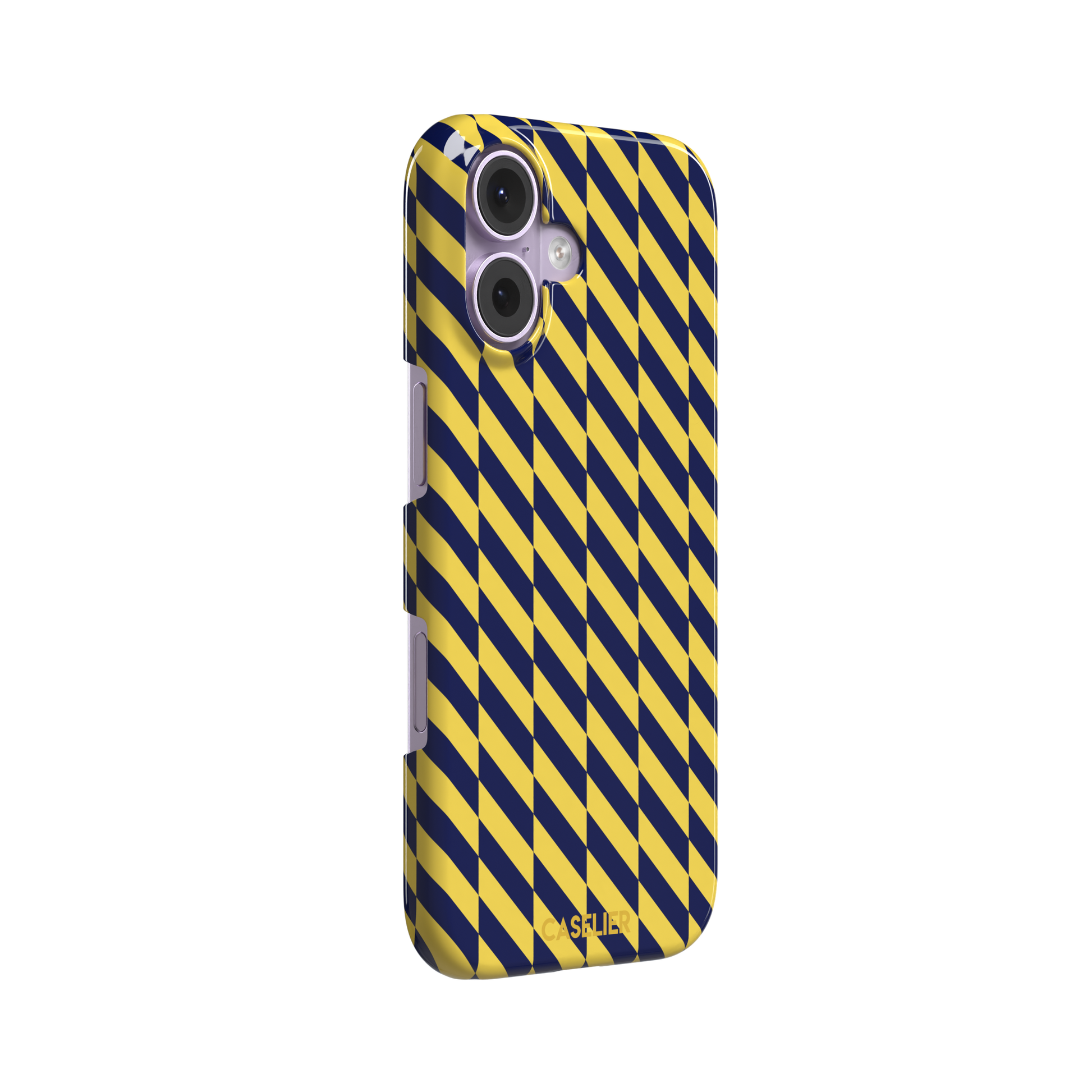 Diagonal Stripes phone case in navy blue and yellow diagonal stripe pattern on iPhone, phone case by Caselier — snap case, left view