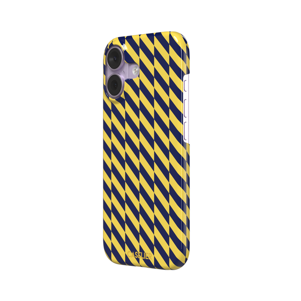 Diagonal Stripes phone case in navy blue and yellow diagonal stripe pattern on iPhone, phone case by Caselier — snap case, right view