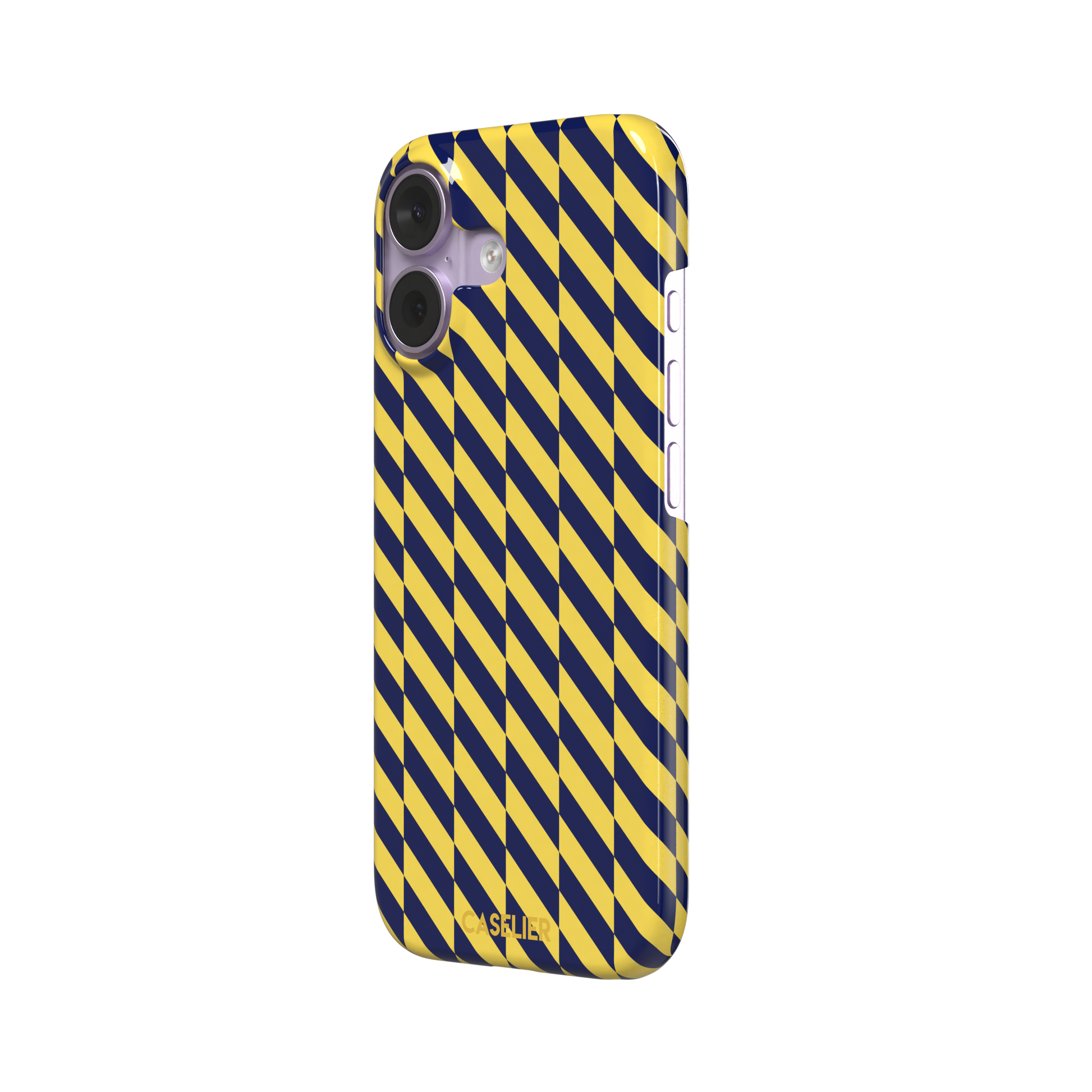 Diagonal Stripes phone case in navy blue and yellow diagonal stripe pattern on iPhone, phone case by Caselier — snap case, right view