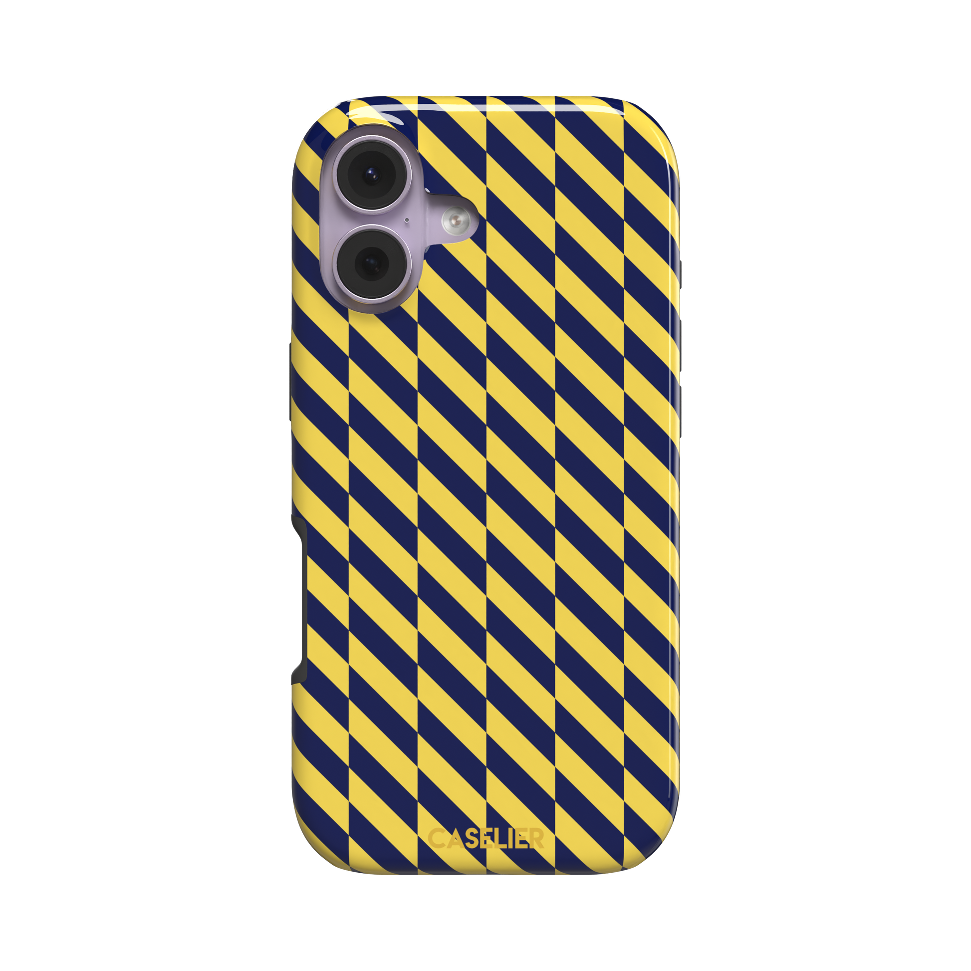 Diagonal Stripes phone case in navy blue and yellow diagonal stripe pattern on iPhone, phone case by Caselier — tough case, front view